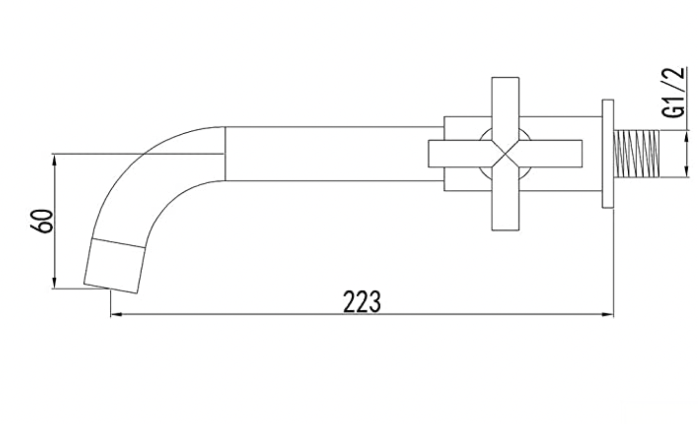 Disegno tecnico del rubinetto a parete per acqua fredda WB1414 (223 × 60 mm, G1/2)