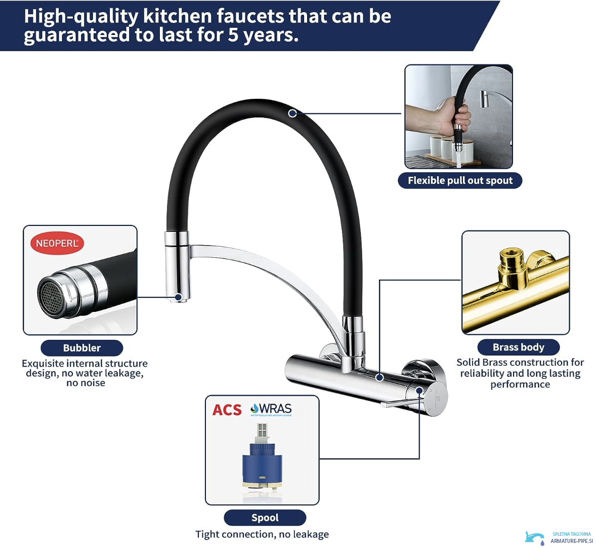 Specifiche del rubinetto cucina a parete WL1026: bocca flessibile, aeratore e cartuccia