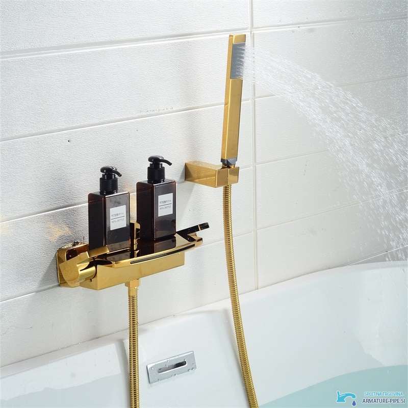 Rubinetto per vasca ZP1920 dorato con bocca a cascata e doccetta separata