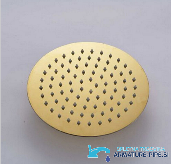Dettaglio del soffione rotondo del sistema doccia da incasso dorato woo-2322
