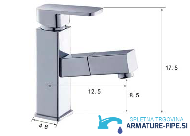 Disegno tecnico del rubinetto da bagno estraibile woo-3059 (17,5 × 12,5 × 4,8 cm)
