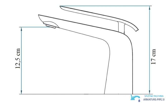 Disegno tecnico del rubinetto lavabo woo-6963, altezza totale 17 cm e altezza bocca 12,5 cm