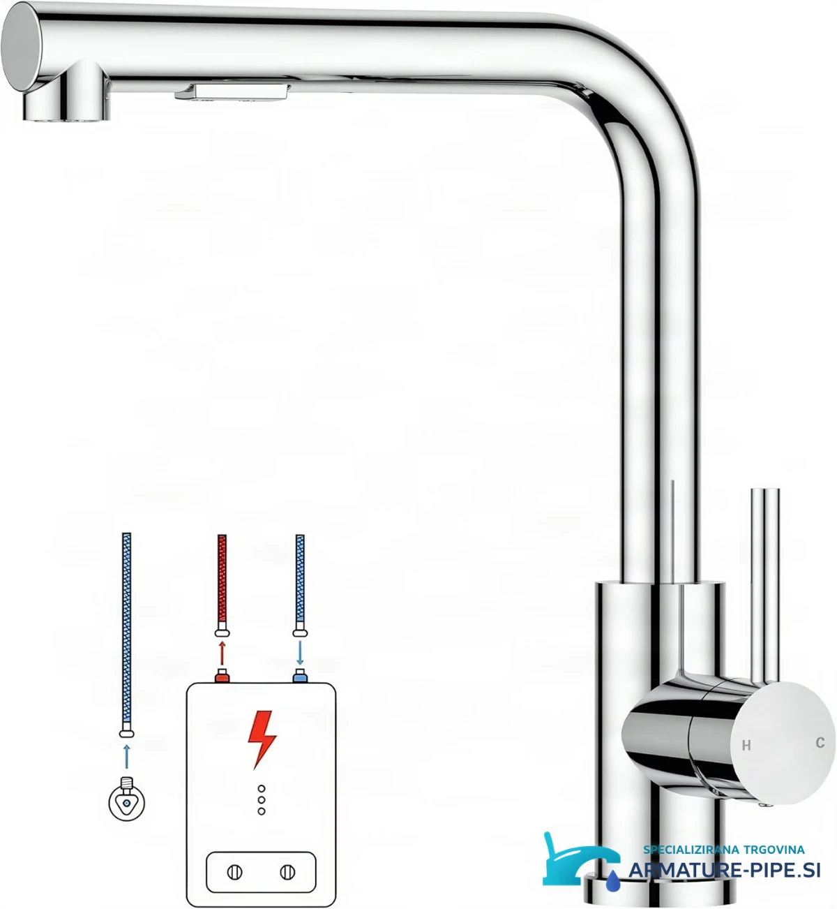 Low-Pressure Kitchen Tap, Single Lever Hot and Cold Water Tap, Tap with 3 Connections for Boilers, Suitable for Boilers and Under-Sink Boilers, Mat Zwart