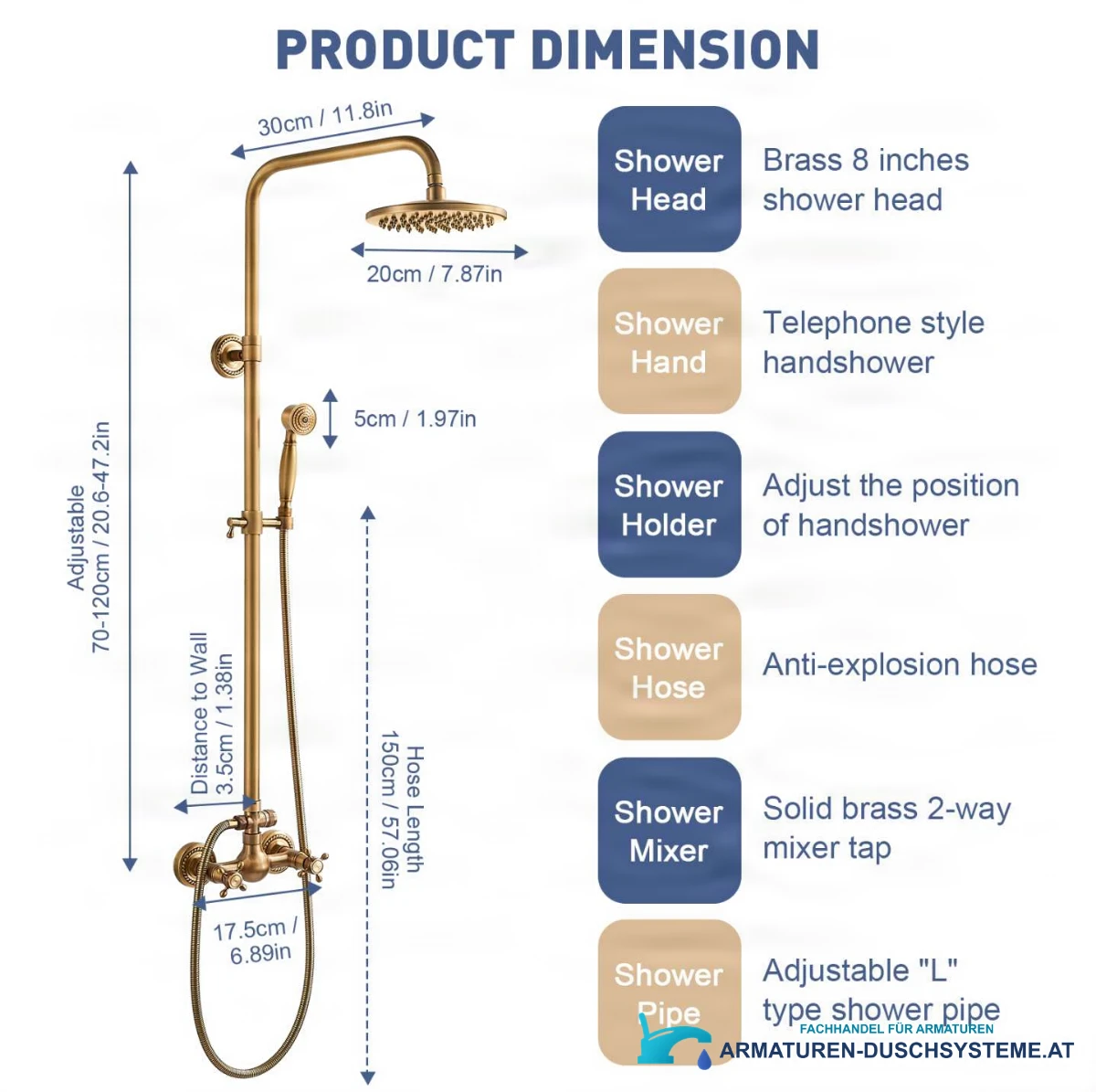 Spezifikationen des Duschsystems TN1700: höhenverstellbar mit 20-cm-Kopfbrause