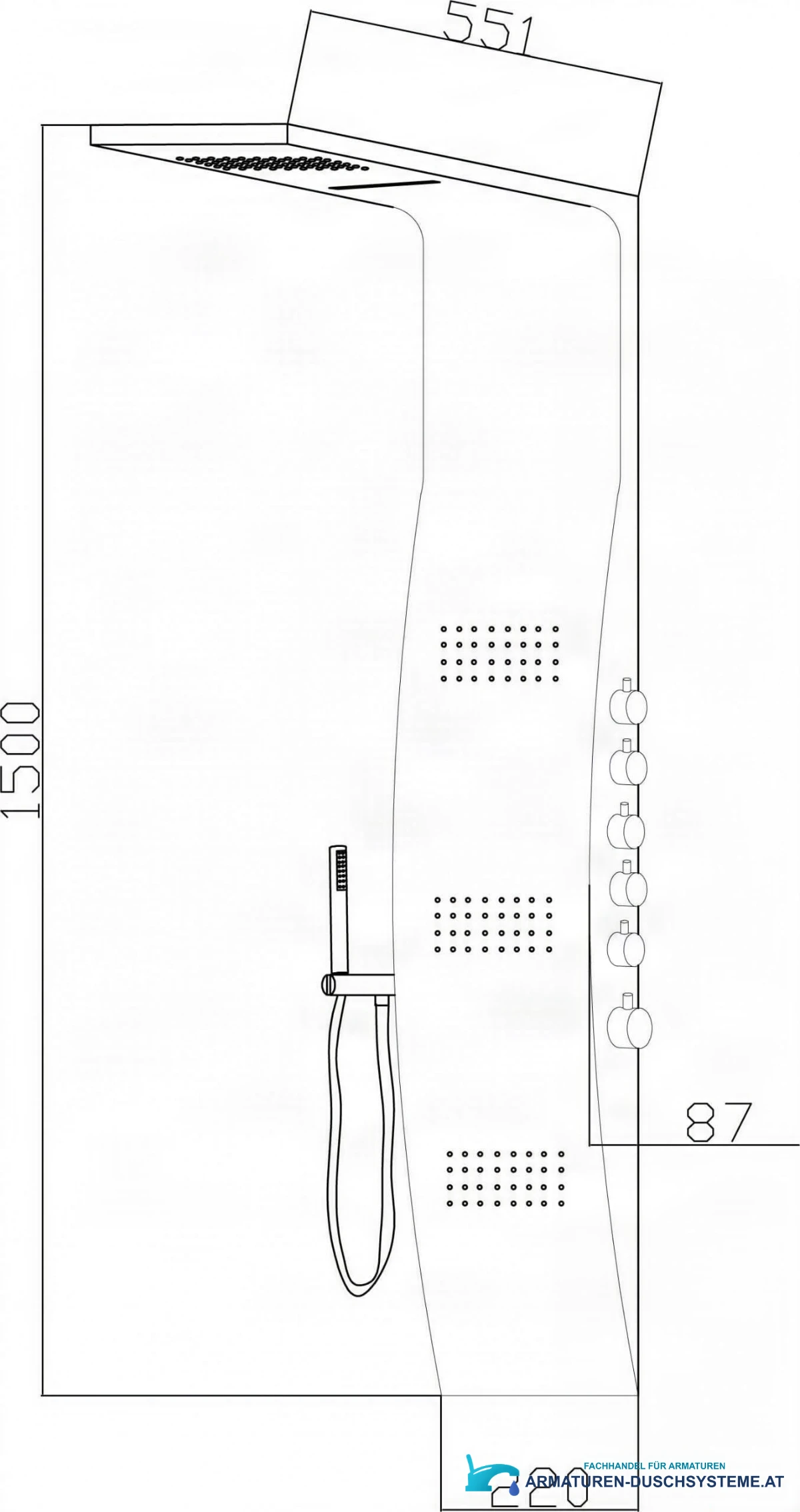 Technische Zeichnung des Duschpaneels ELITE SP1058 mit Maßen 1500 × 551 × 220 mm