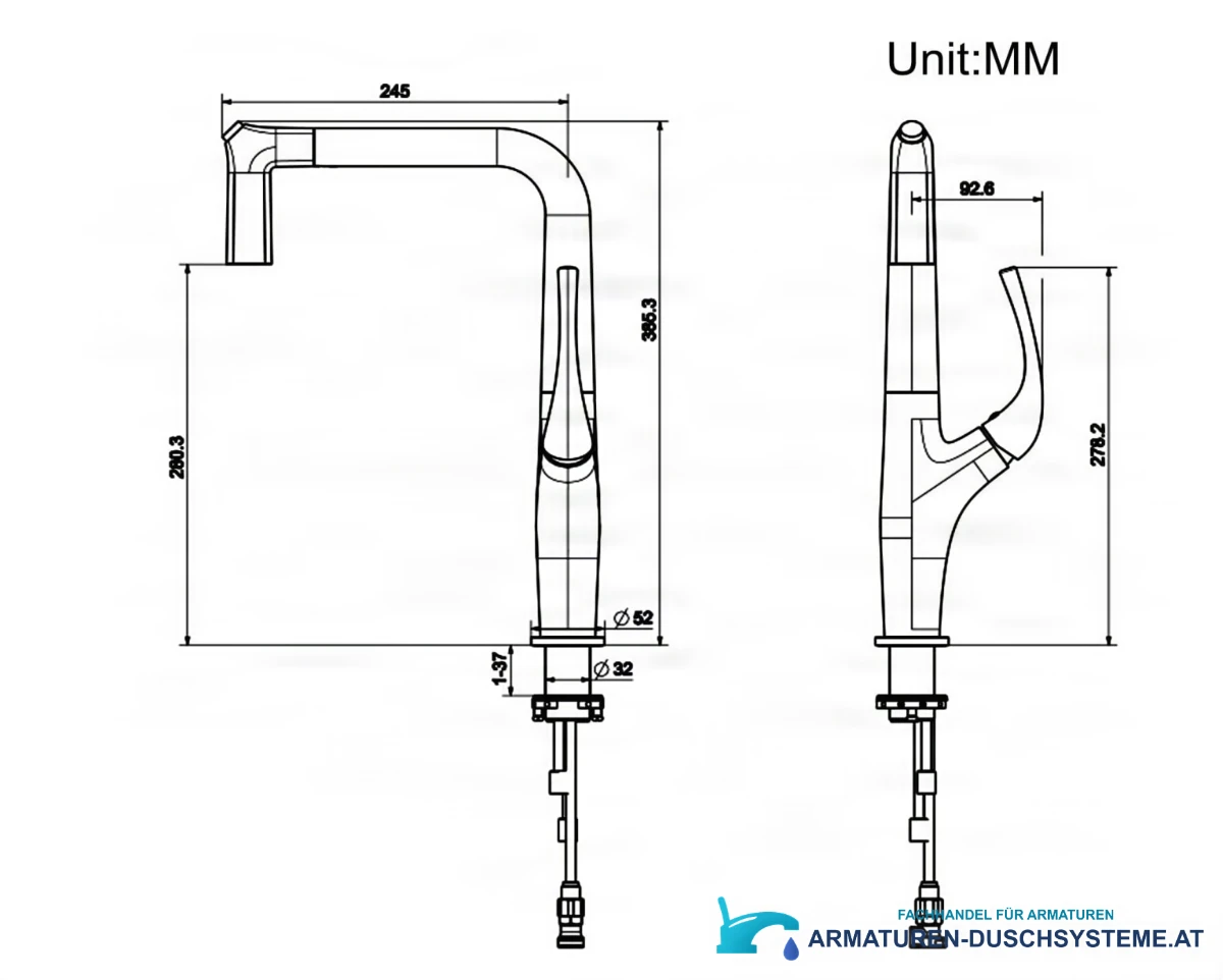 Technische Zeichnung der Küchenarmatur ELITE EDITION KF1013 mit 385,3 mm Höhe und 245 mm Ausladung