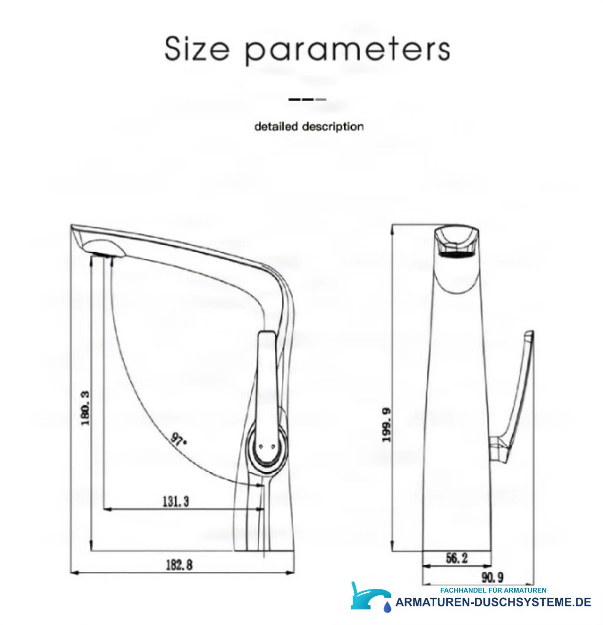 Technische Zeichnung der Waschtischarmatur ELITE EDITION BS1531 (199,9 × 182,8 mm)