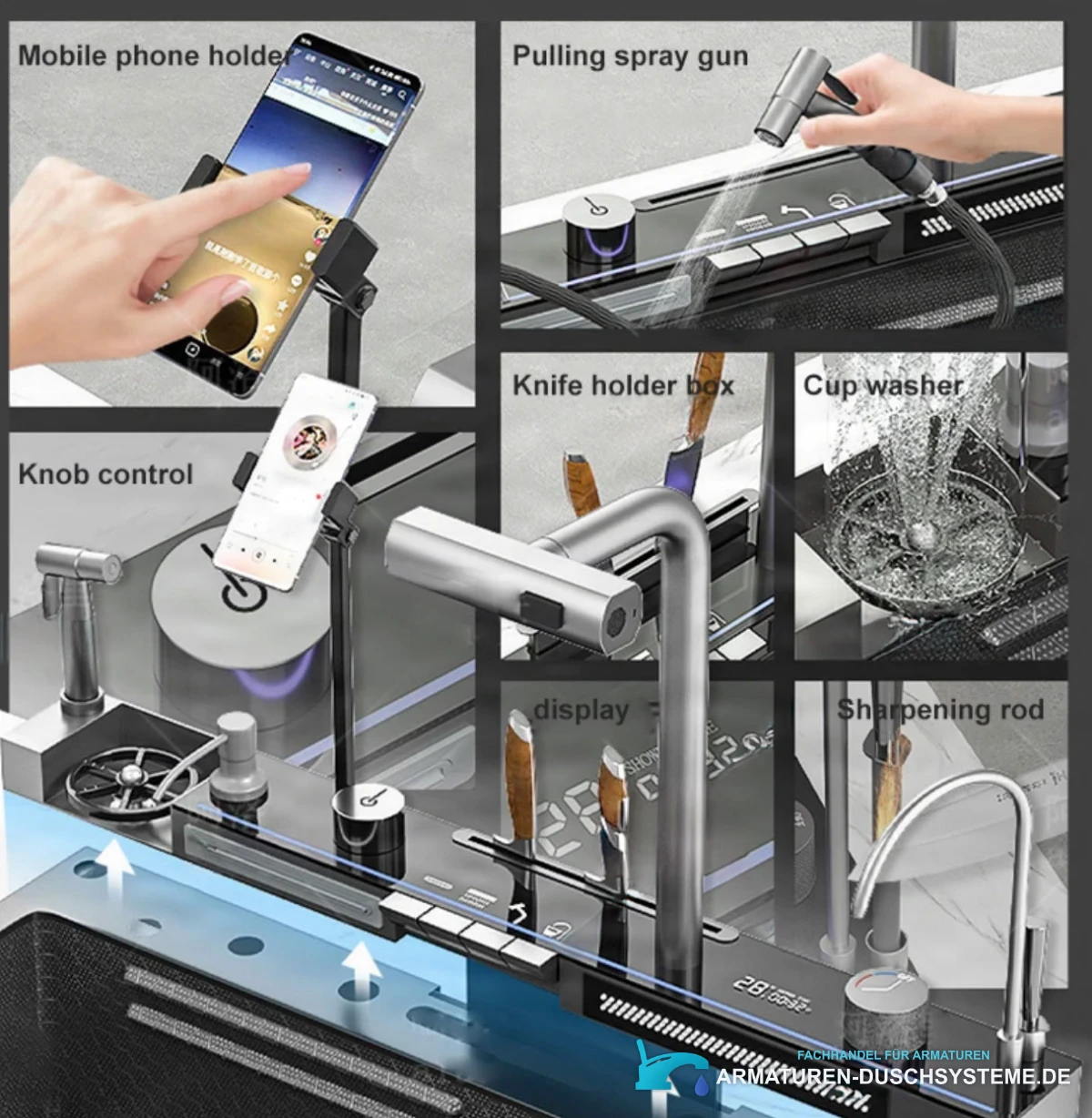 Funktionen der Luxusspüle KS2299: Handyhalter, Brause, Gläserspüler und Messerhalter