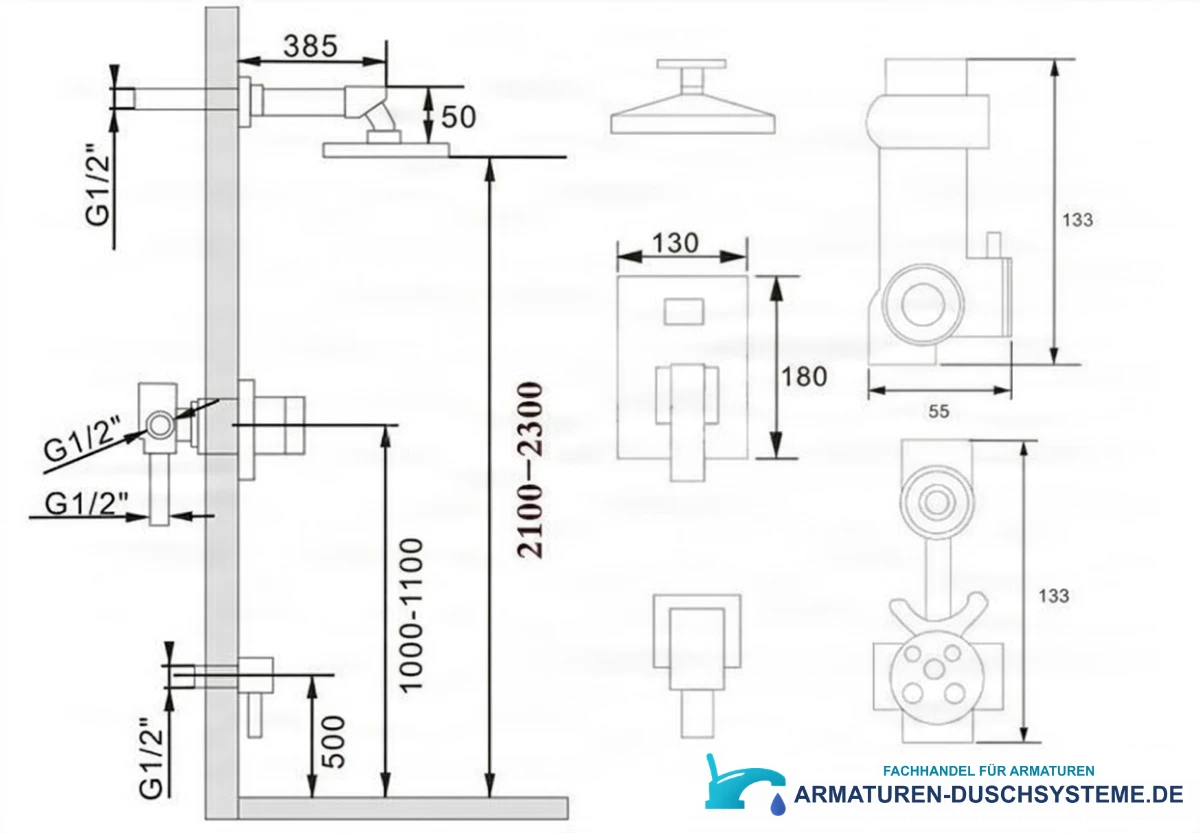 Technische Zeichnung des Unterputz-Duschsystems EYN PT77075 mit Maßen und G1/2-Anschlüssen
