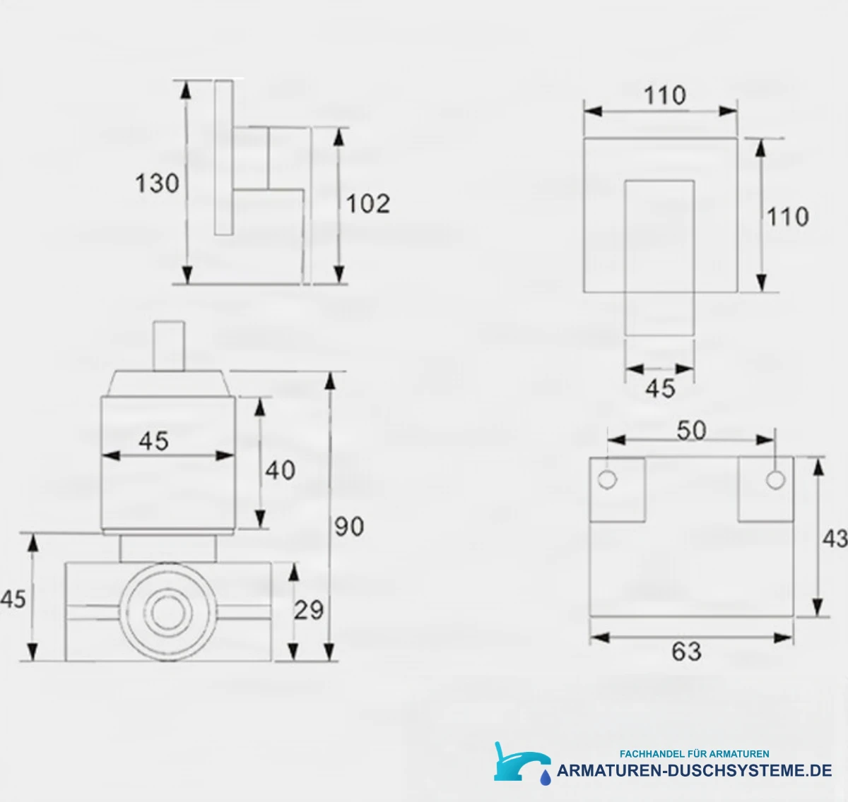 Technische Zeichnung des Unterputz-Duschsystems PT61219 mit 110 × 110 mm Abdeckung