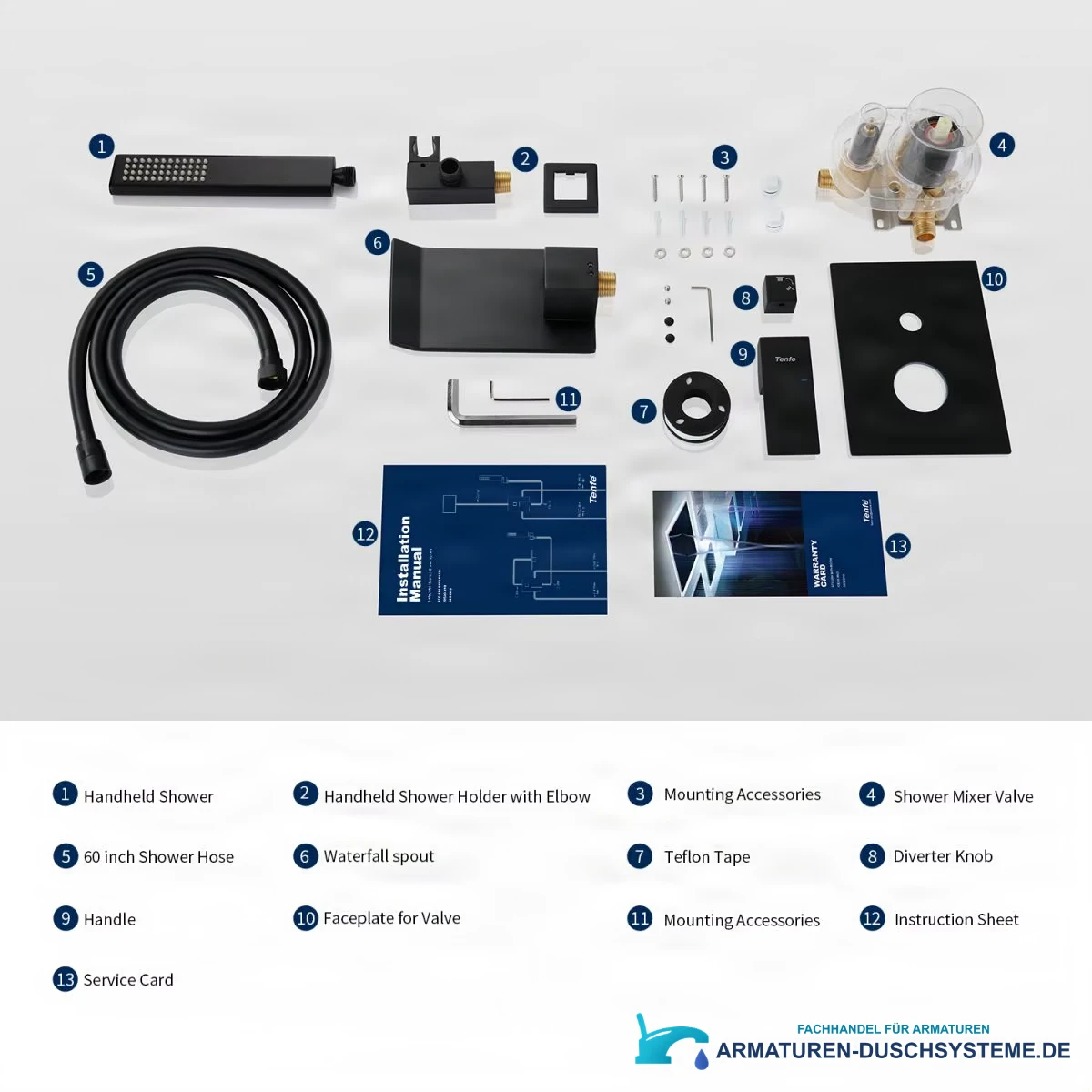 Spezifikationen der Wannenarmatur ELITE EDITION BSW1678 mit NPT-Außengewinde und Handbrause: vollständiger Teilesatz