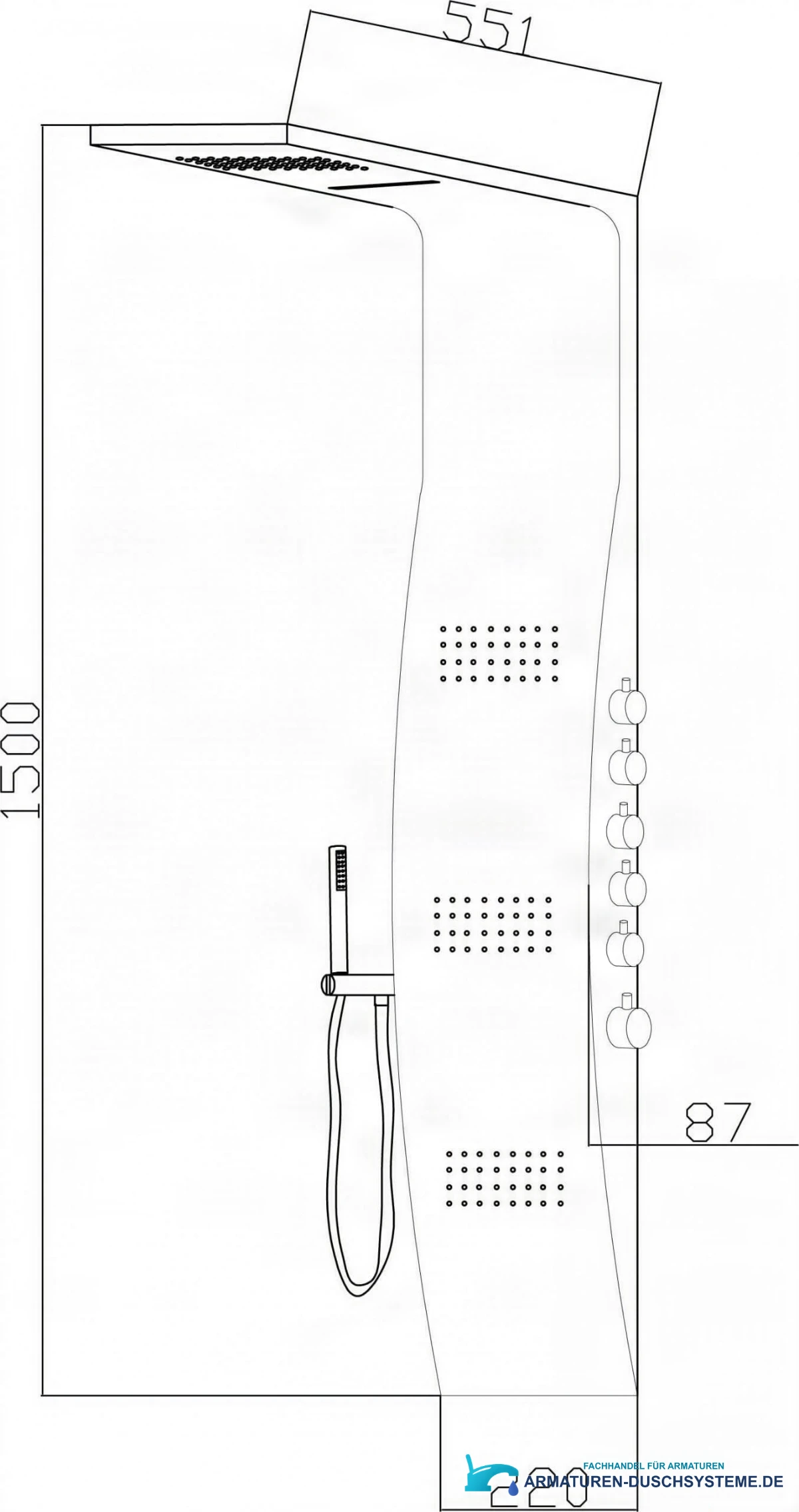 Technische Zeichnung des Duschpaneels ELITE SP1058 mit Maßen 1500 × 551 × 220 mm