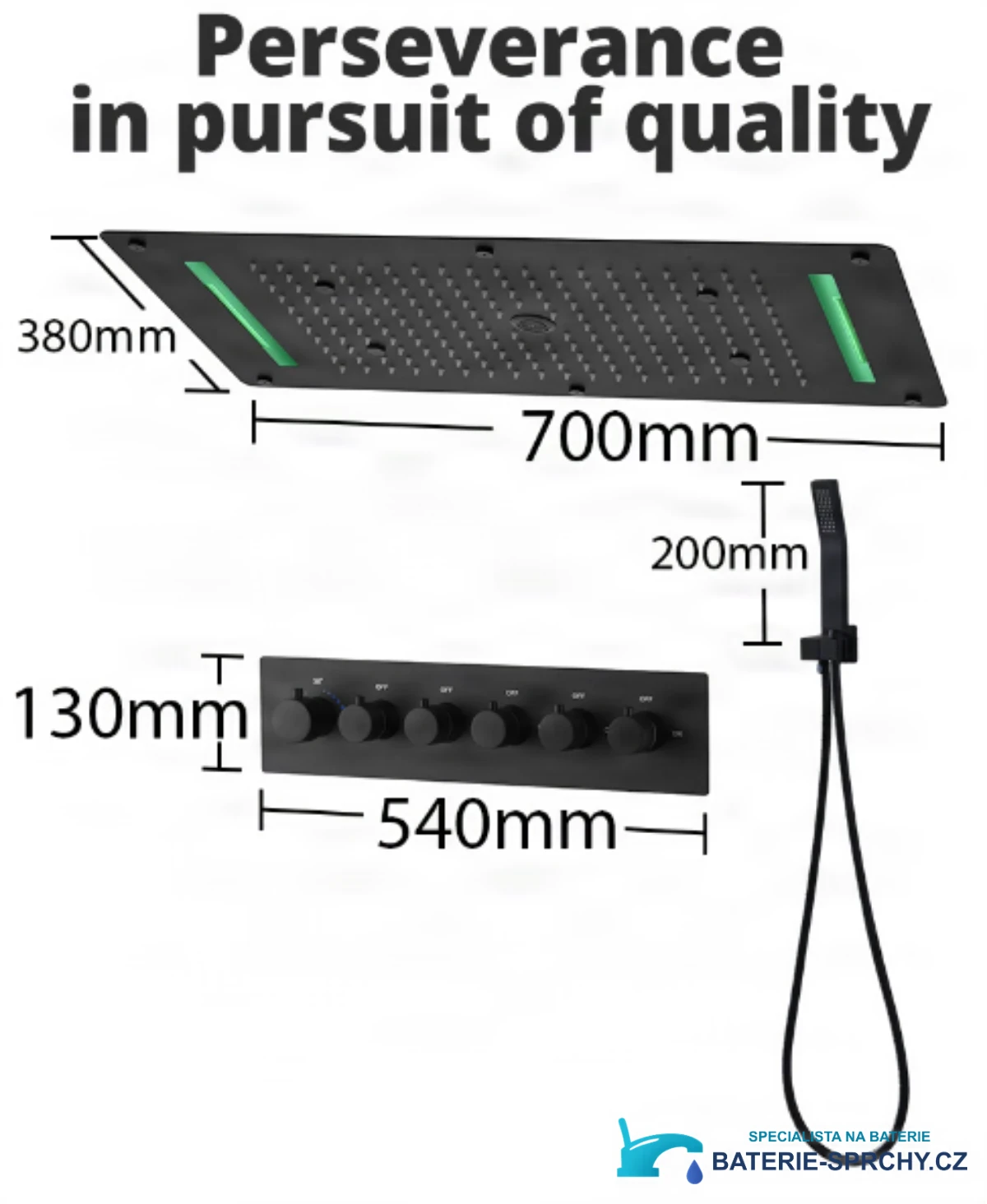 Podomítkový sprchový systém ELITE EDITION BCS1557 s LED osvětlením, termostatem a masážními tryskami v černé a matné černé