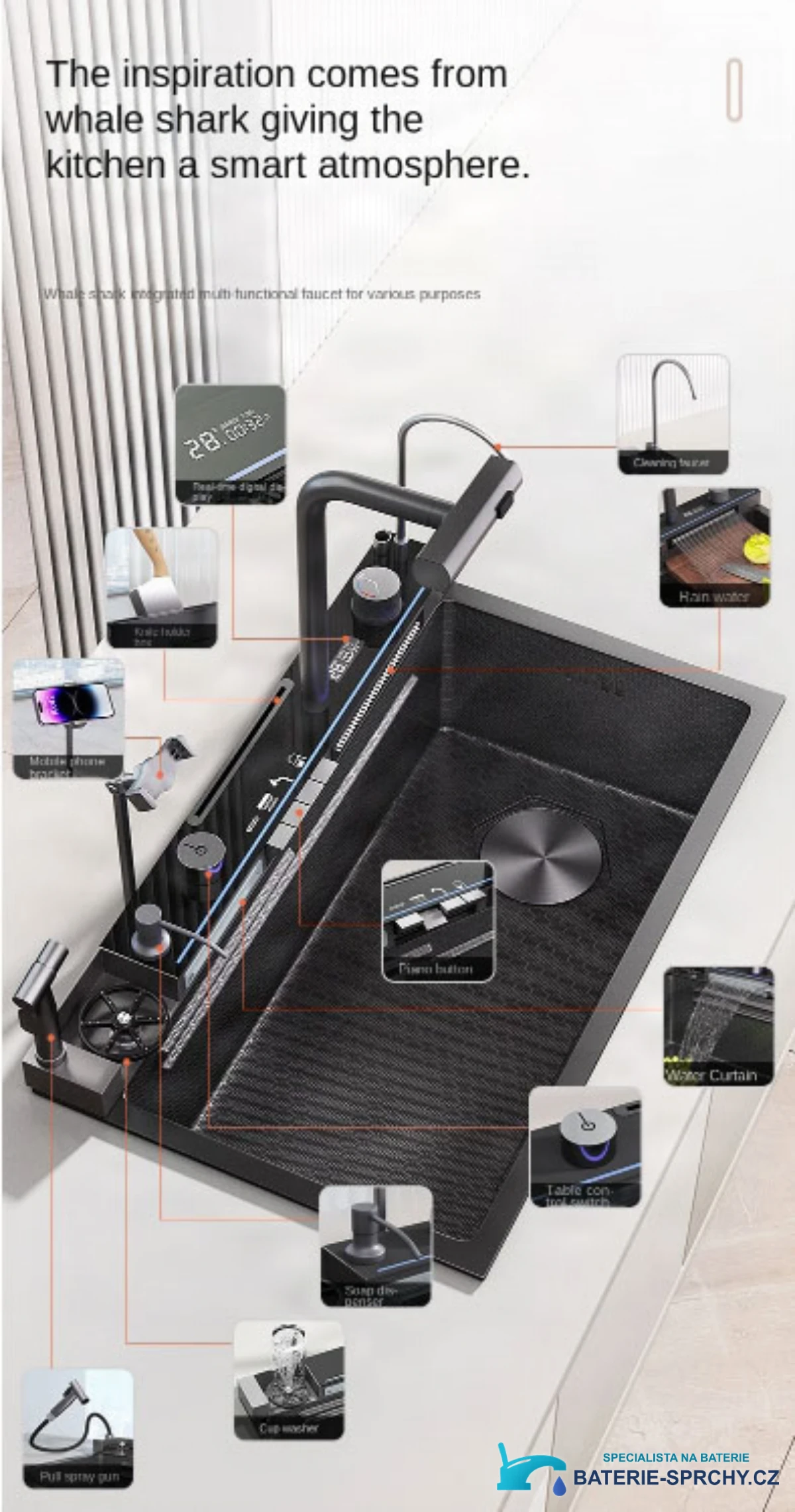 Parametry multifunkčního dřezu ELITE EDITION KS2299: baterie, vodopád a ovládání