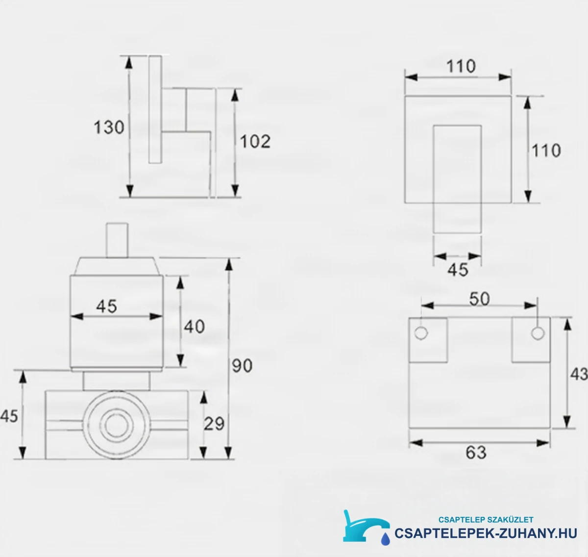 A PT61219 falba süllyesztett zuhanyrendszer műszaki rajza 110 × 110 mm-es fedőlappal