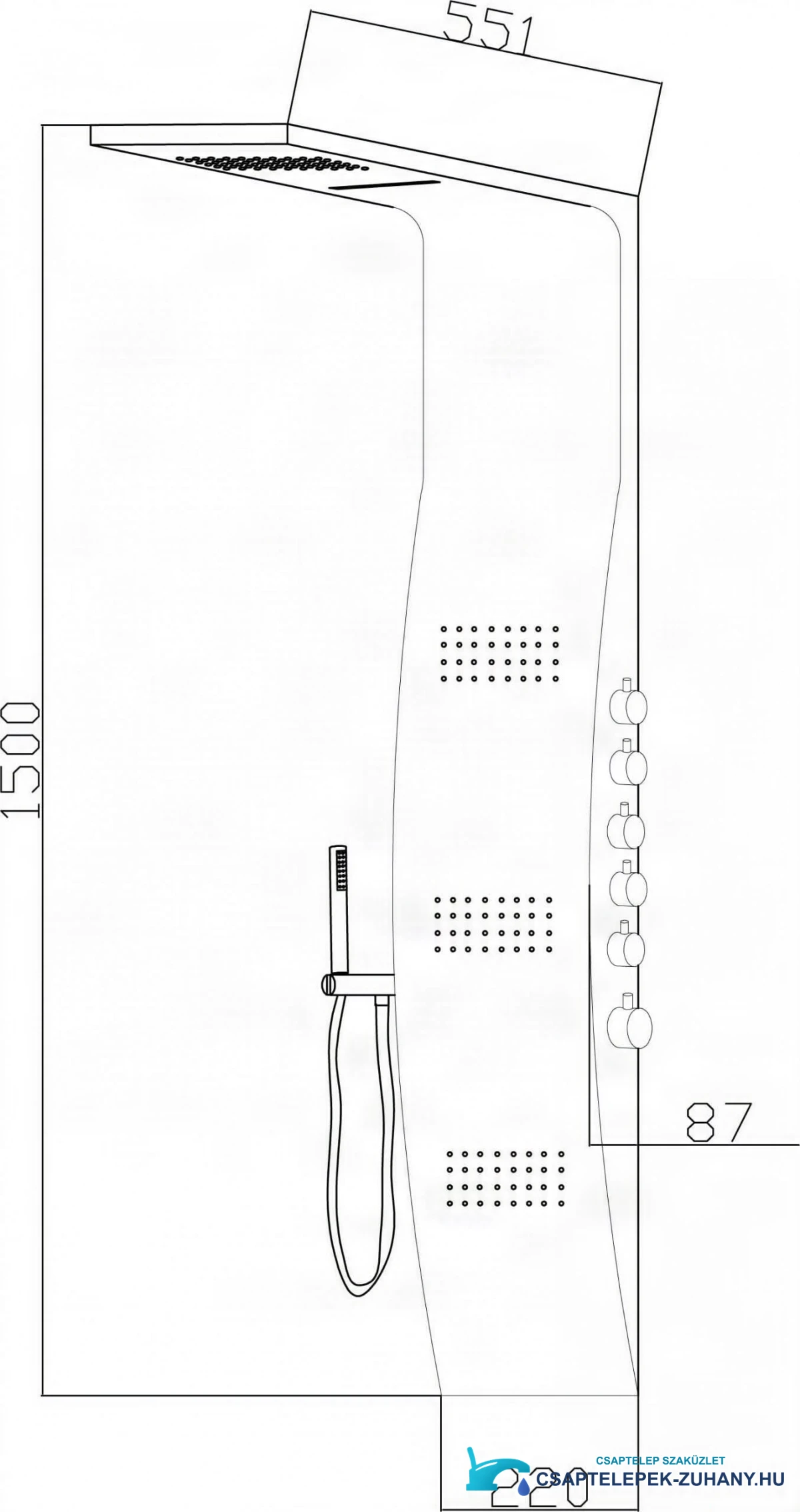 Az ELITE SP1058 zuhanypanel műszaki rajza, méretei: 1500 × 551 × 220 mm