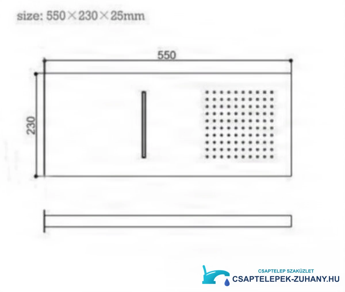 A PT939851 falba süllyesztett zuhanypanel műszaki rajza, 550 × 230 × 25 mm
