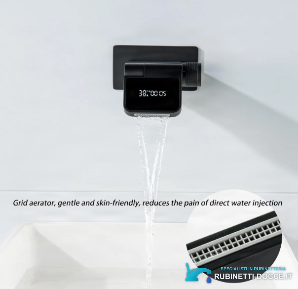 Rubinetto da parete ELITE EDITION BSW1500 con display della temperatura e bocca a cascata girevole a 180°, in più finiture