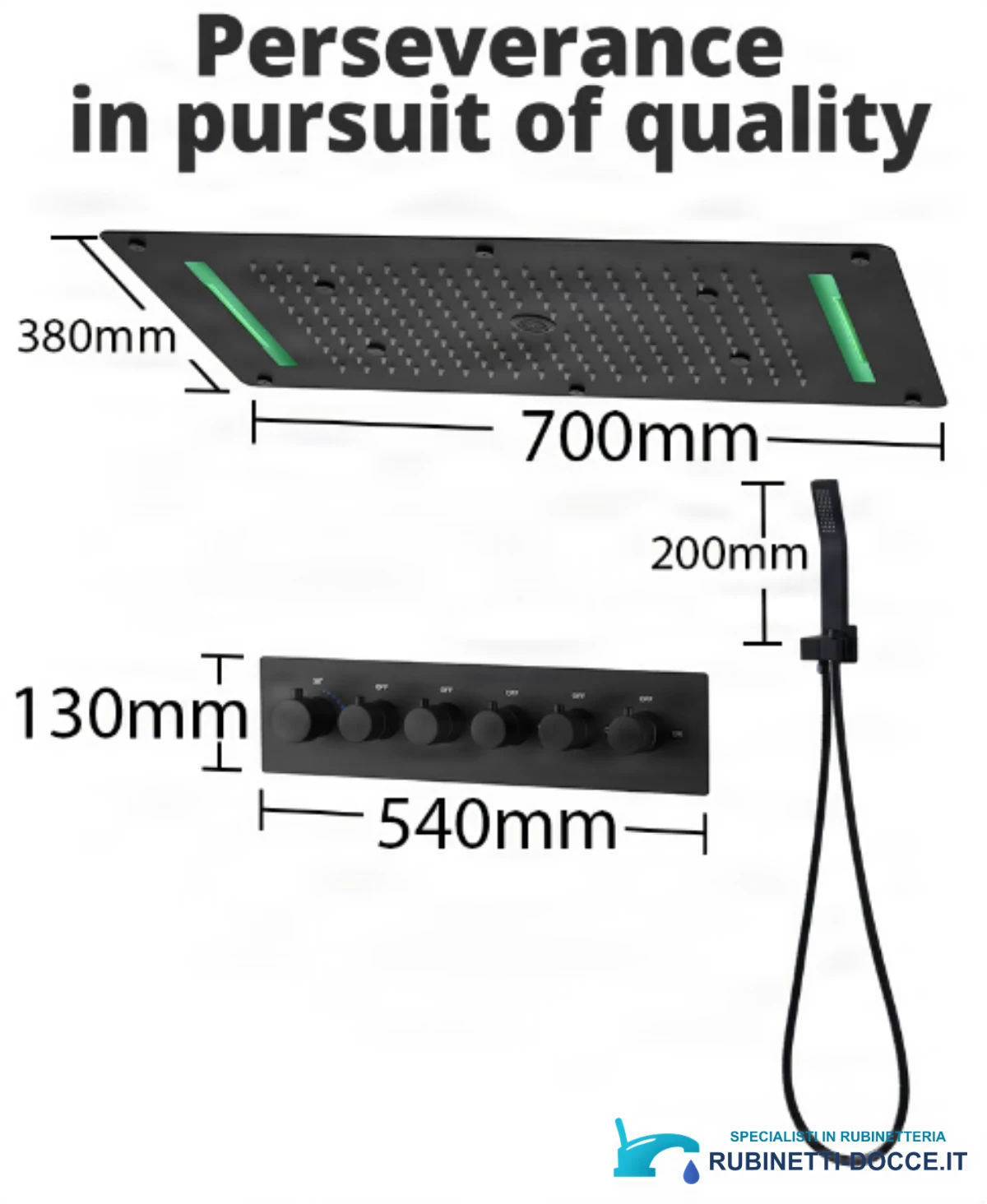 Sistema doccia a incasso ELITE EDITION BCS1557 termostatico con LED, getto a cascata e idromassaggio, nero e nero opaco