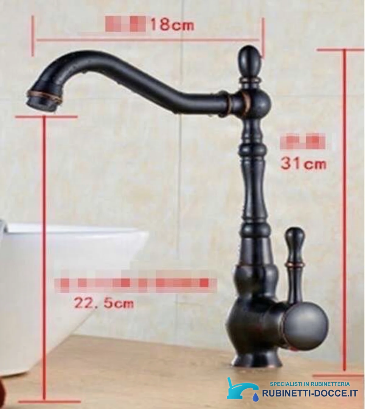 Dimensioni del miscelatore retrò nero CKB2255: profondità 18 cm e altezza 31 cm