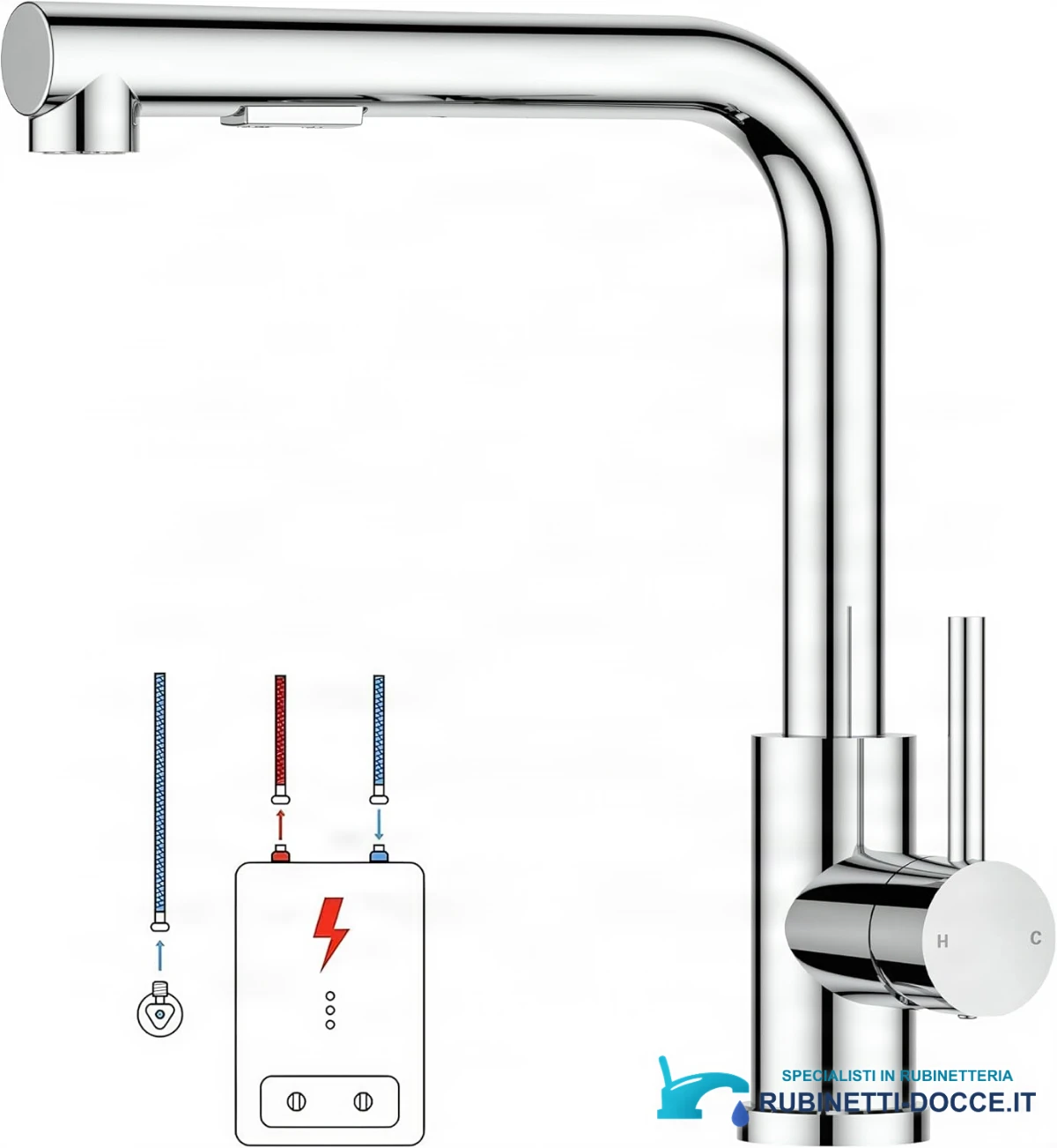 Low-Pressure Kitchen Tap, Single Lever Hot and Cold Water Tap, Tap with 3 Connections for Boilers, Suitable for Boilers and Under-Sink Boilers, Mat Zwart