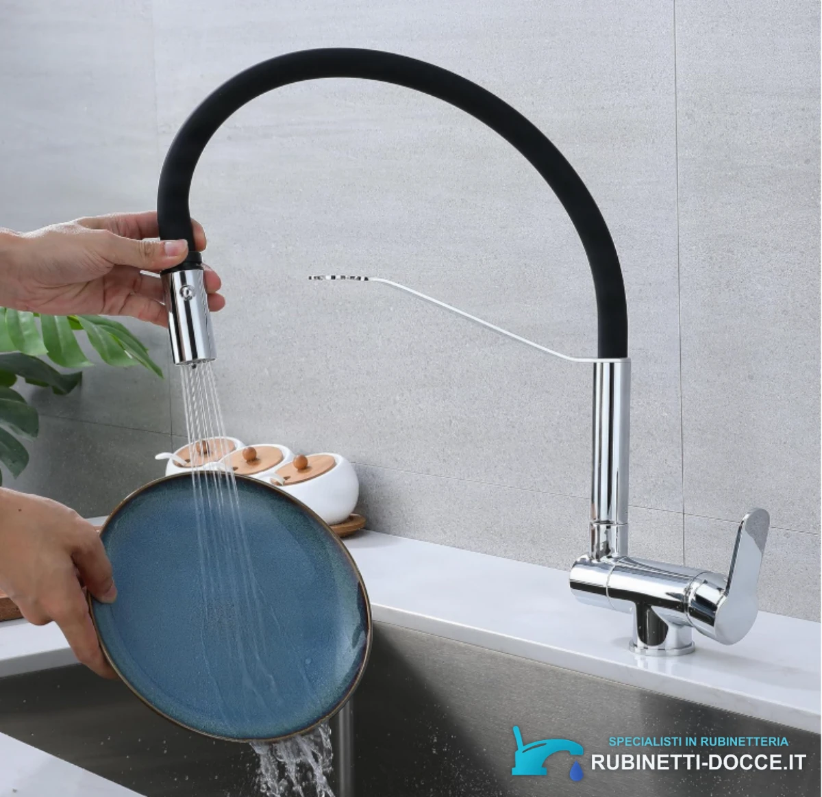 Rubinetto da cucina ribaltabile ELITE EDITION con doccetta KW1202 in nero opaco e cromo