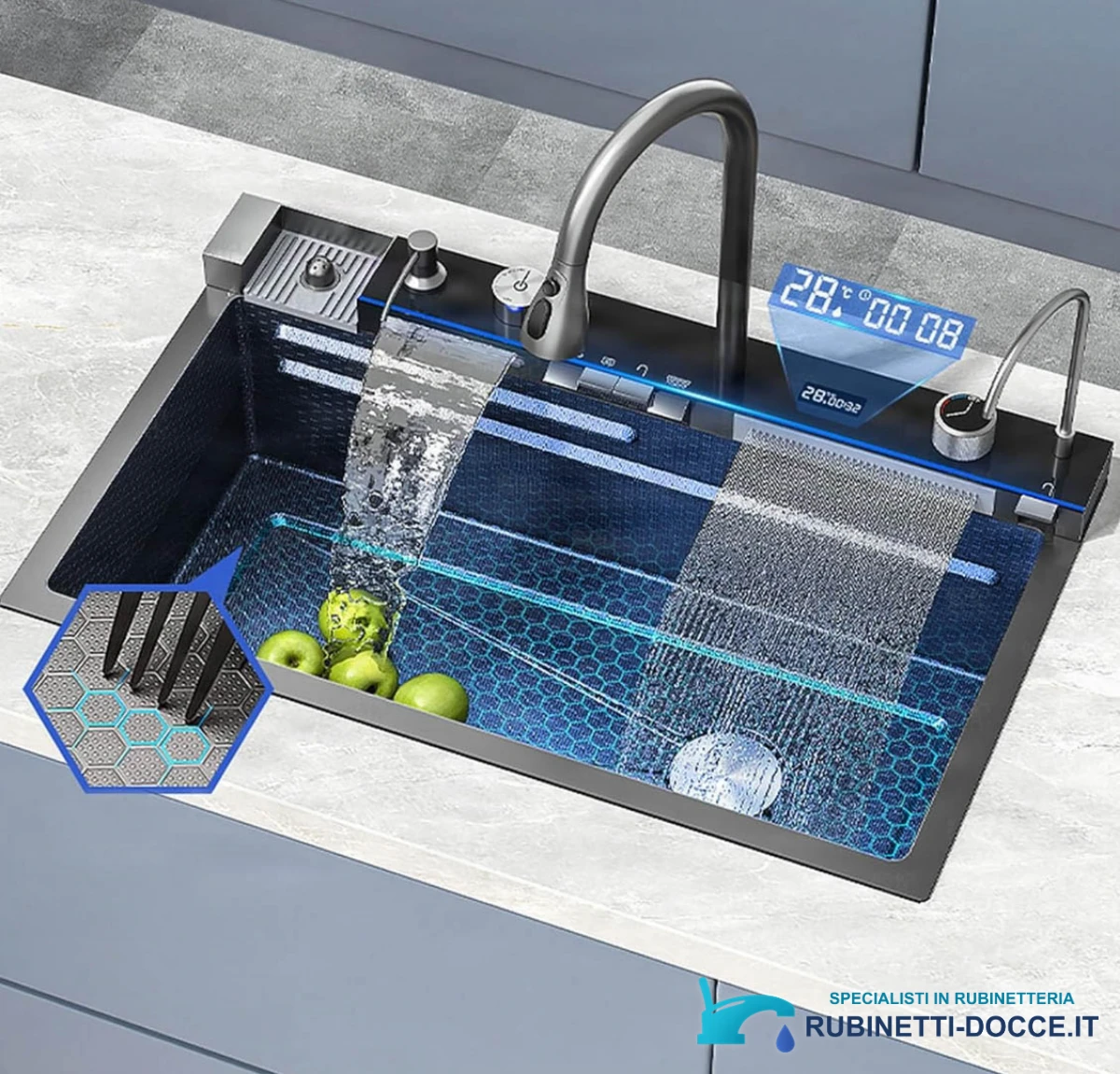 Rubinetto da cucina ELITE EDITION KS2199 con doccetta estraibile e LED, nero grafite, nero e nero con dettagli argento