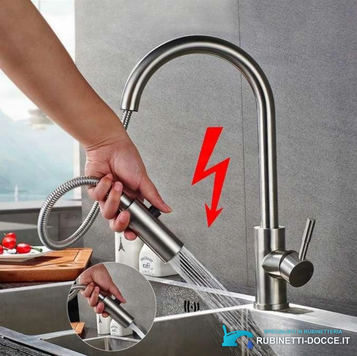 Miscelatore a bassa pressione EYN NT1546 estraibile, a tre tubi, effetto acciaio inox spazzolato