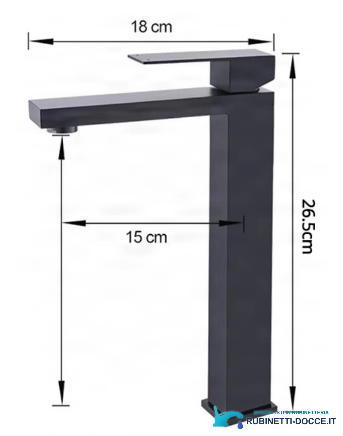 Specifiche del miscelatore lavabo EYN BS1103: altezza 26,5 cm, lunghezza 18 cm e sporgenza 15 cm