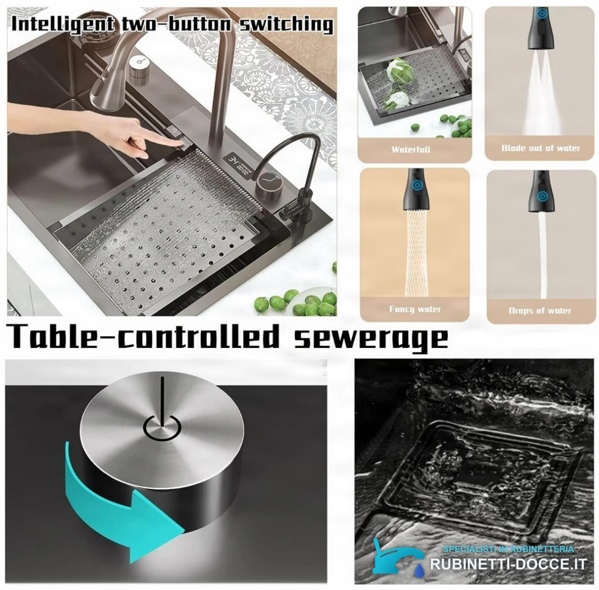 Rubinetto da cucina ELITE EDITION KS2199 con doccetta estraibile e LED, nero grafite, nero e nero con dettagli argento