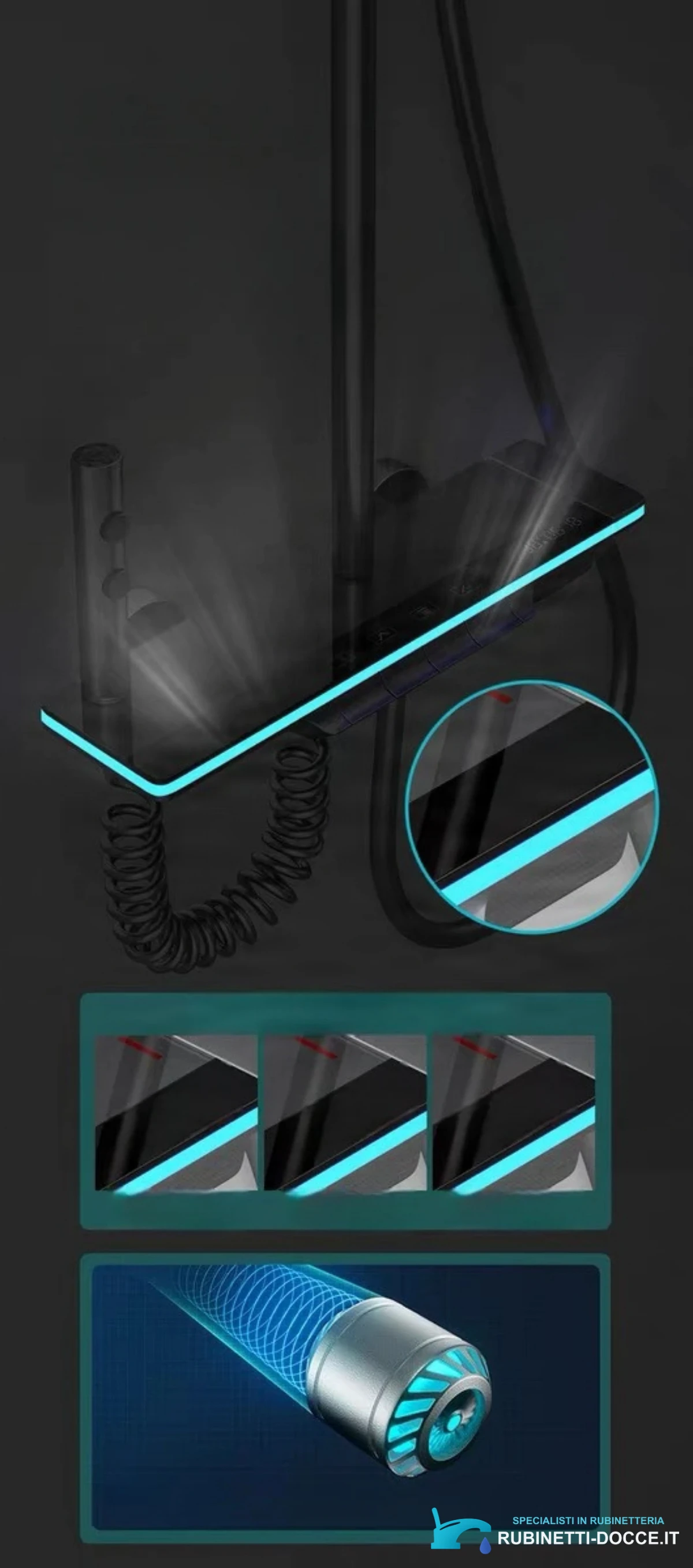 Sistema doccia a parete ELITE EDITION BSE1307 con LED, getti massaggianti, cascata e finiture in più colori