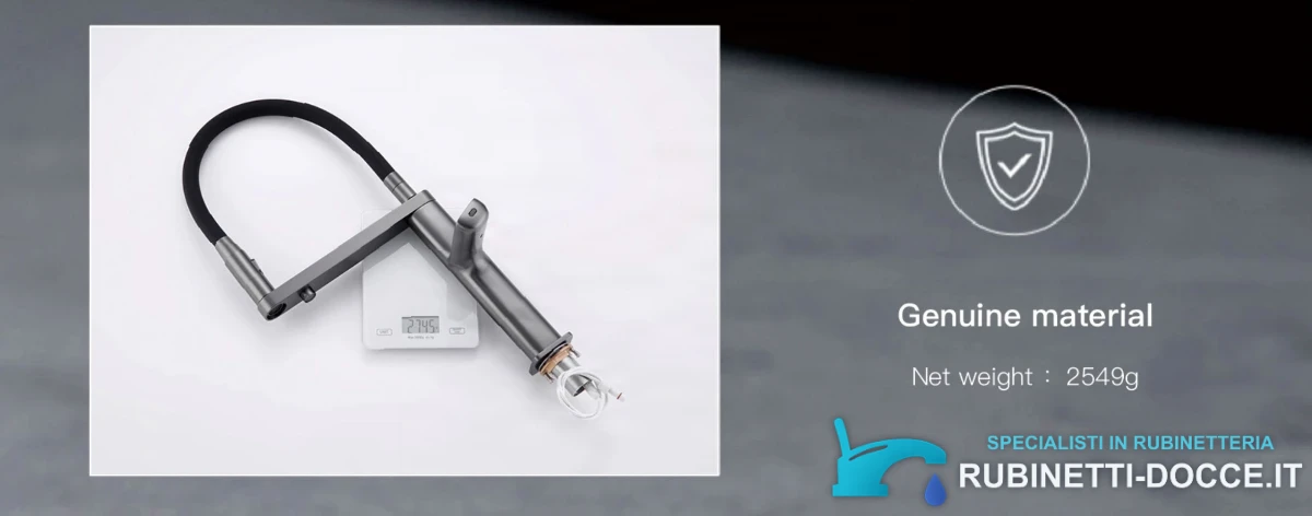 Caratteristiche del miscelatore da cucina KFS1814: superficie grigio grafite e peso netto di 2549 g