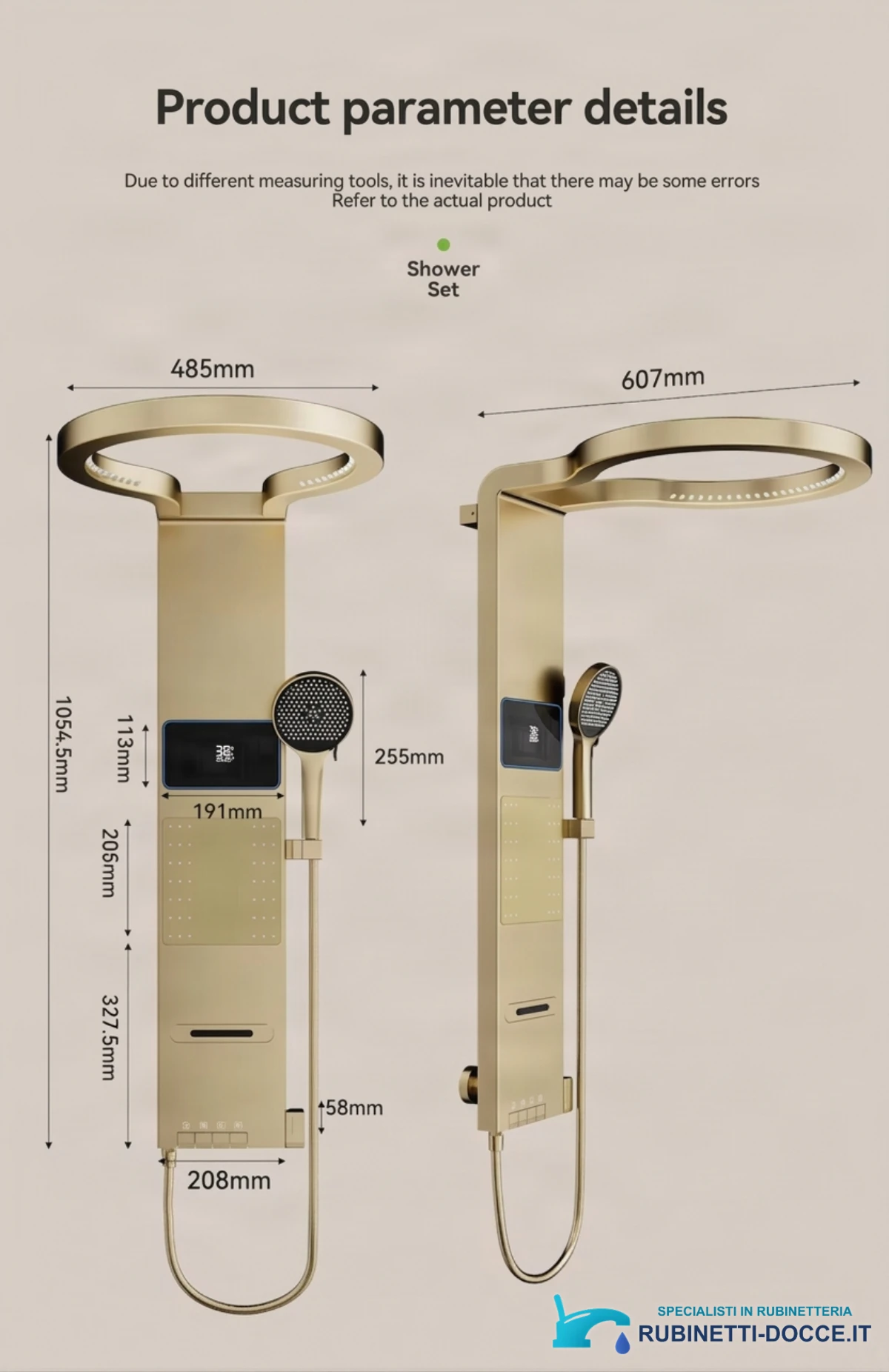 Pannello doccia ELITE EDITION BSE1424 a parete con LED, getti massaggianti e finiture grigio grafite, grigio scuro e oro