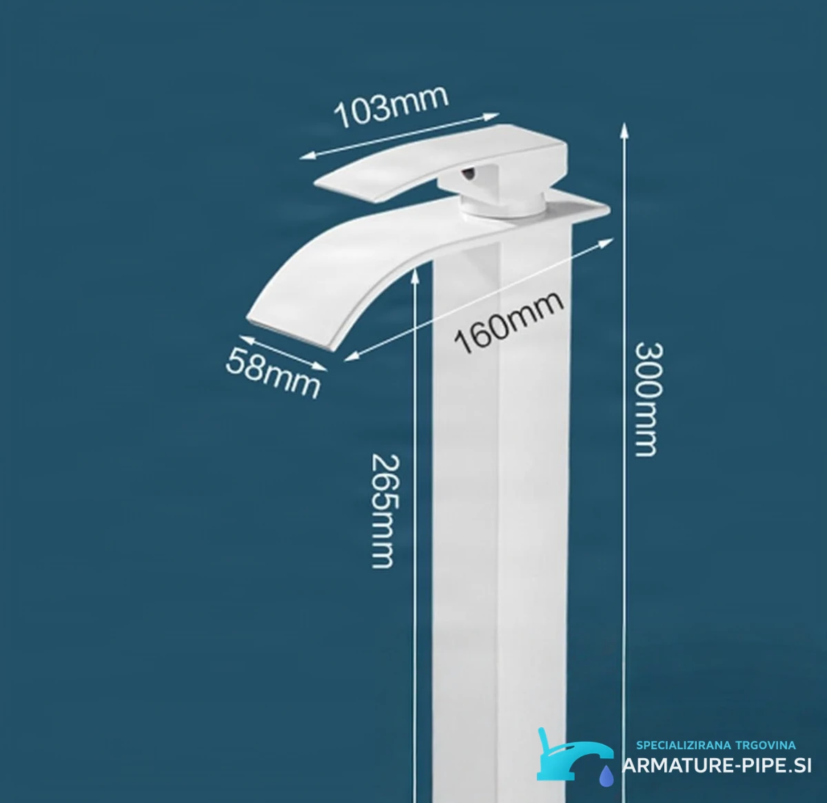 Tehnična risba kopalniške pipe EYN103 (300 mm, 265 mm, 160 mm, 58 mm)
