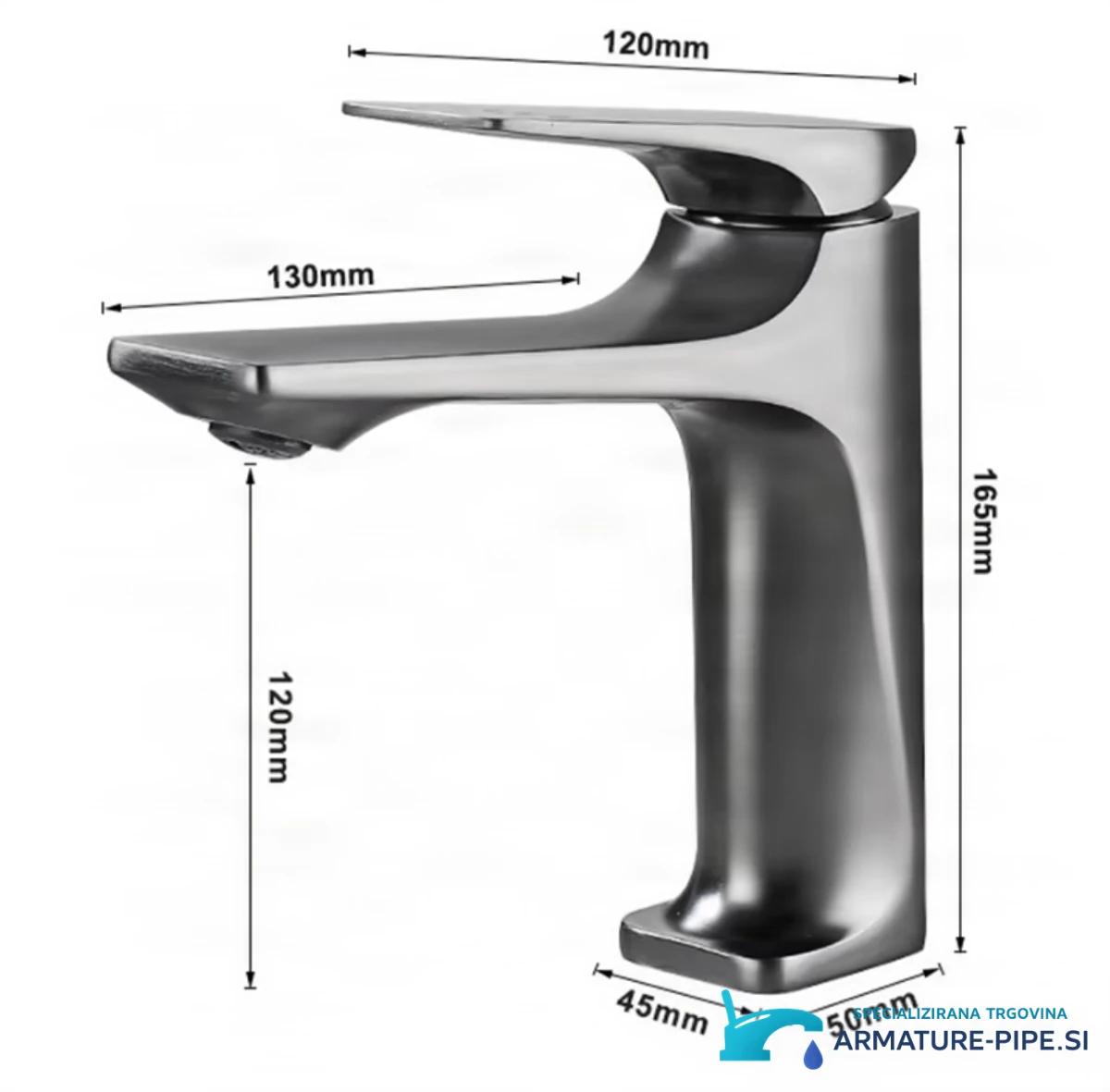 Technische Zeichnung der Edelstahlarmatur ELITE EDITION BS2150 (165 × 130 mm, Auslaufhöhe 120 mm)