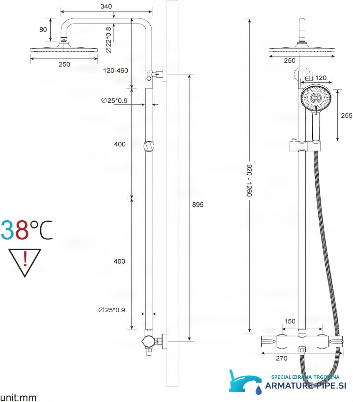Technický výkres systému Rainsworth ELITE EDITION BSE1603 (920–1260 mm, hlavová sprcha Ø 250 mm)