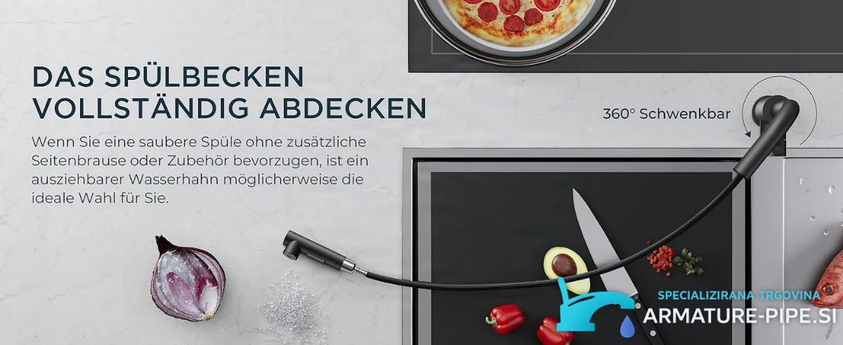 Niederdruck-Küchenarmatur ELITE EDITION KFL2244 im Einsatz: ausziehbare Brause über der Spüle