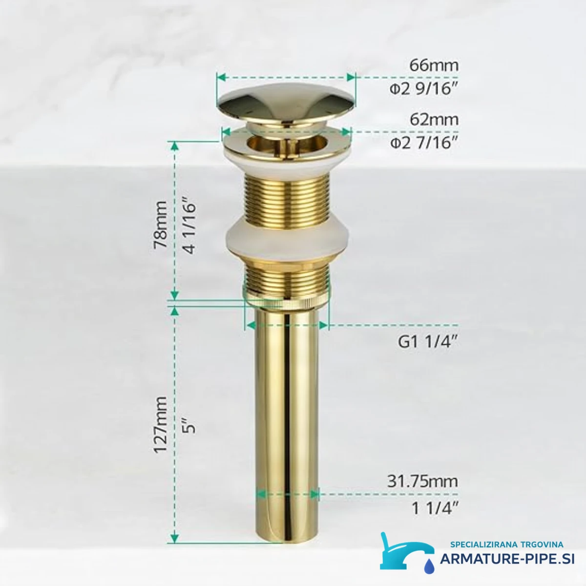 Rozměry pop-up výpusti ELITE EDITION BSD1046: 66 mm, 78 mm, 127 mm, G1 1/4