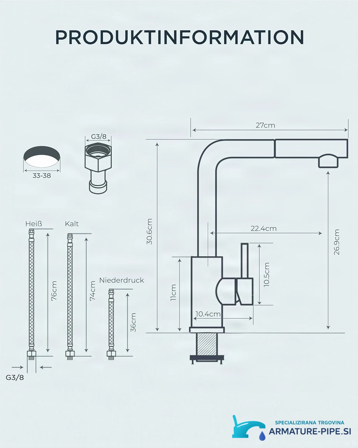 Technische Zeichnung der Niederdruck-Küchenarmatur ELITE EDITION KFL2244 mit 30,6 cm Höhe und G3/8