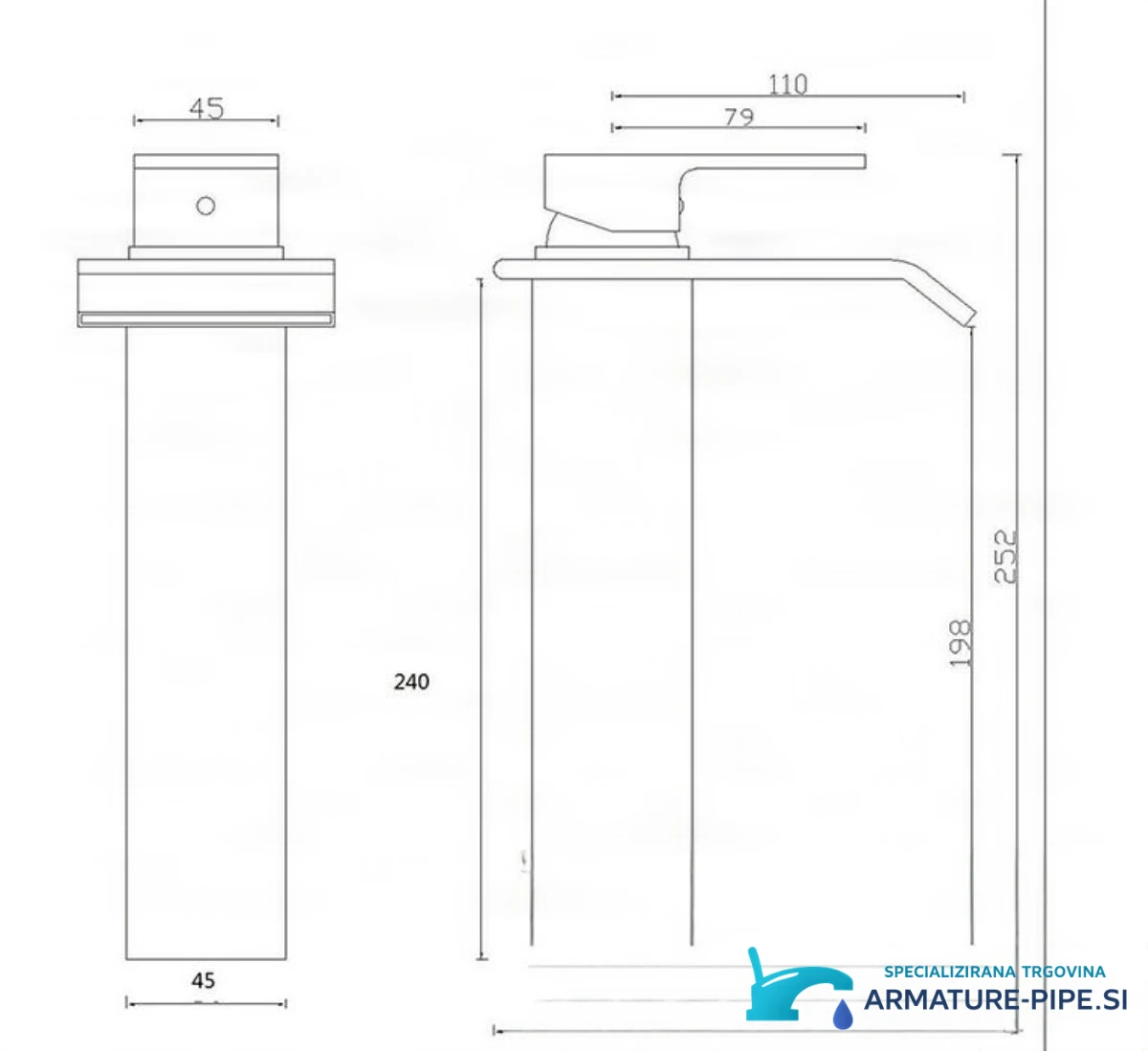 Tehnična risba visoke armature za umivalnik EYN103 (240 mm, izliv 110 mm)