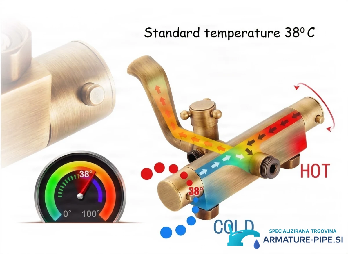 Specifikacije podometnega tuš sistema ATS1155: termostat 38 °C in pretok tople ter hladne vode