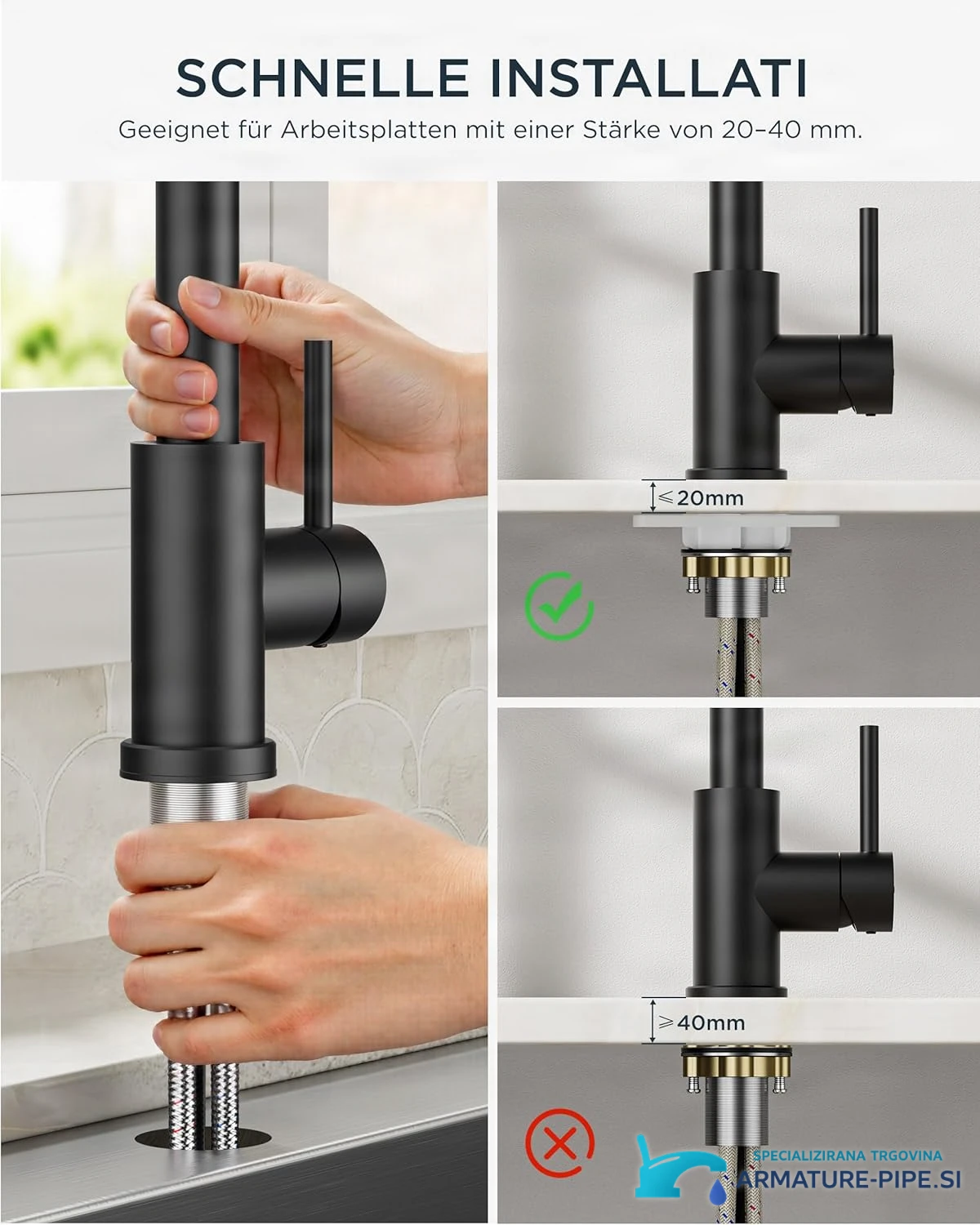 Montage der Niederdruck-Küchenarmatur ELITE EDITION KFL2244 für 20 bis 40 mm starke Arbeitsplatten
