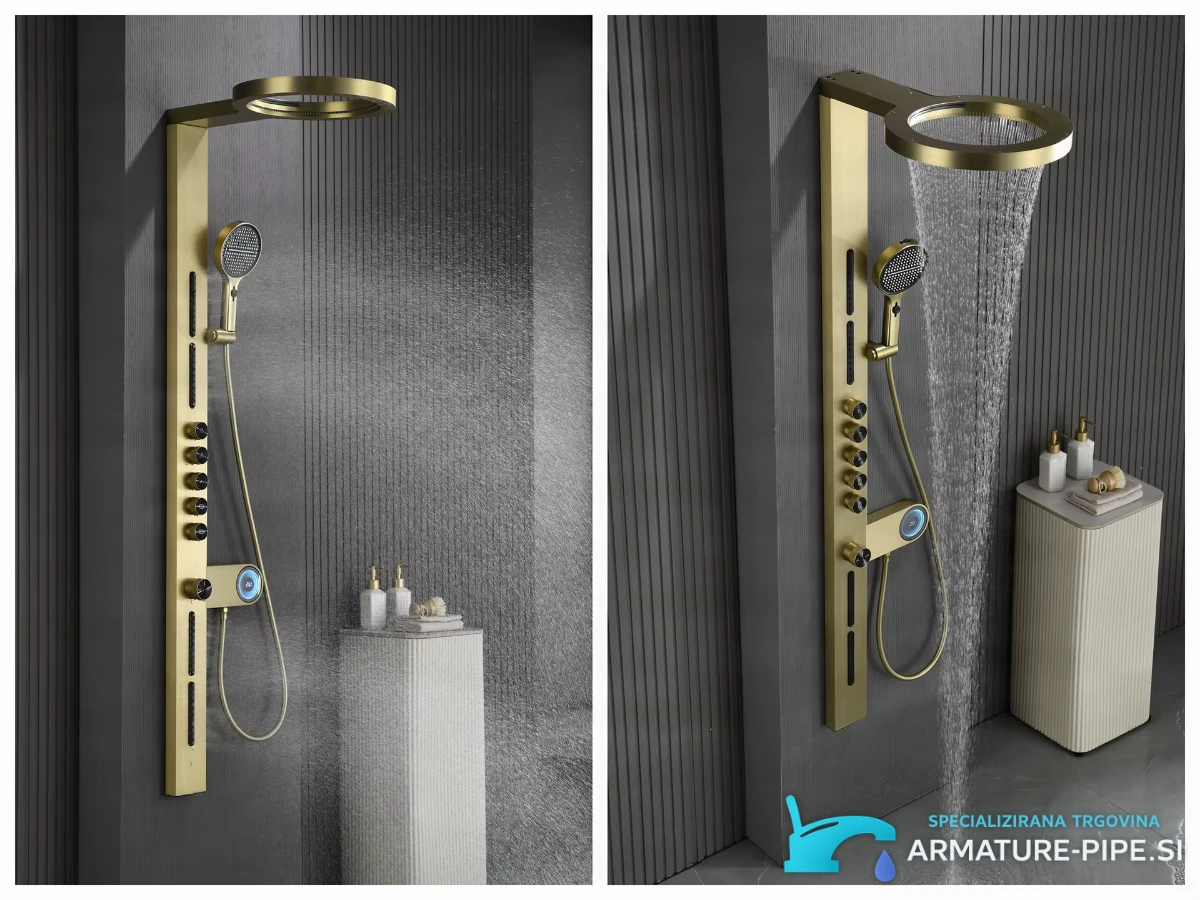 Bathroom Brass Digital ELITE EDITION BSW1726 v uporabi: siva kopalnica z zlatim panelom