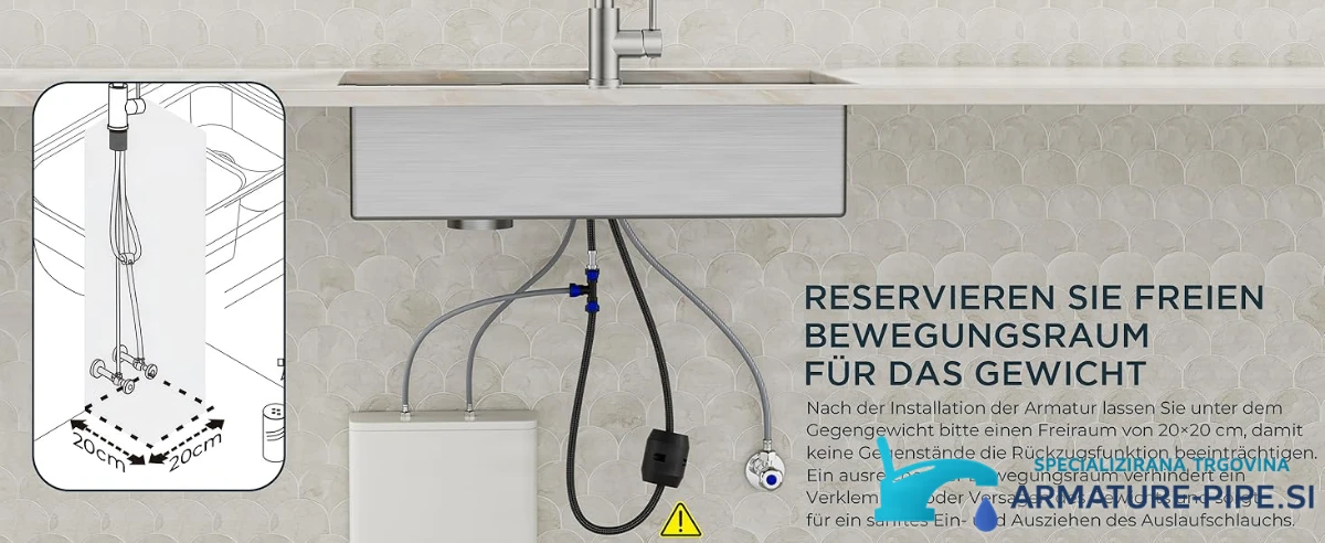 Spezifikationen der Niederdruck-Küchenarmatur ELITE EDITION KFL2244: drei Anschlüsse und 20 cm Freiraum