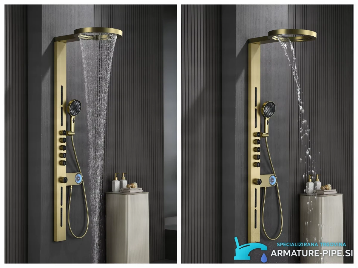 Bathroom Brass Digital ELITE EDITION BSW1726 v uporabi: zlata izvedba z vodnim curkom