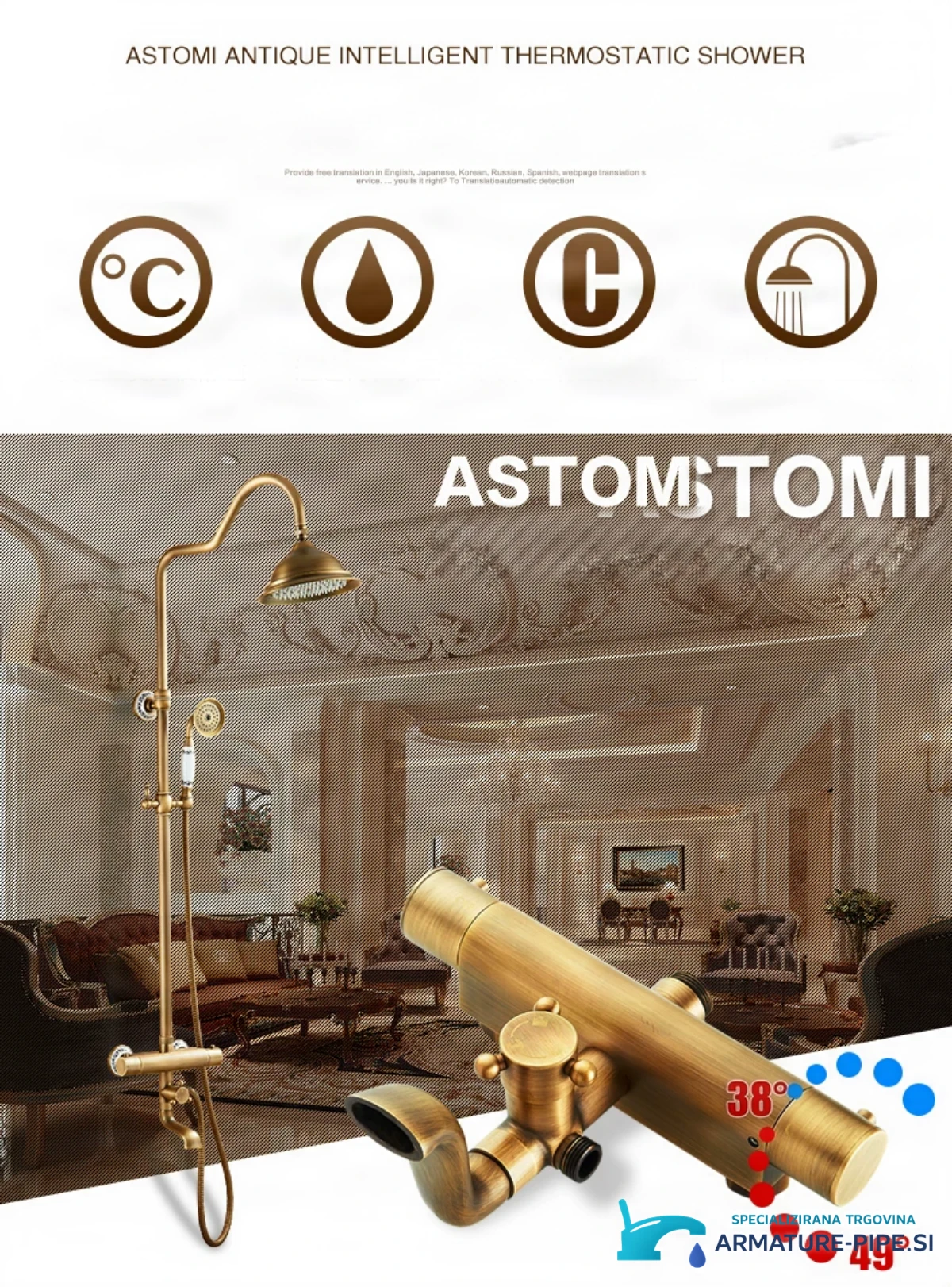 Specifikace systému ATS1155: termostat, hlavová a ruční sprcha a vanový výtok