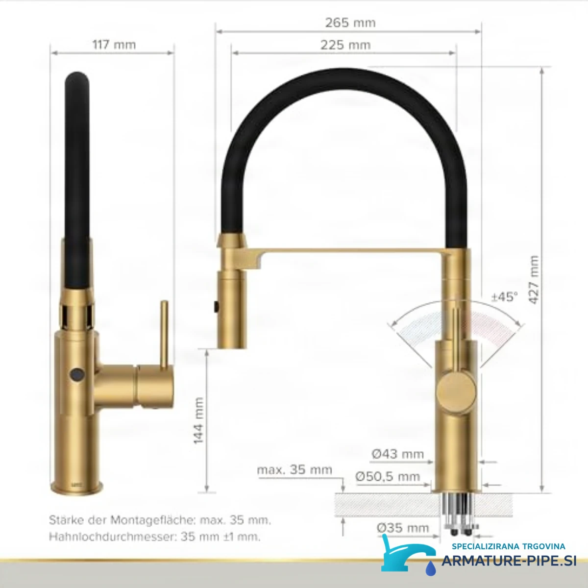 Technický výkres baterie ELITE EDITION KF1445 s výškou 427 mm a šířkou 265 mm