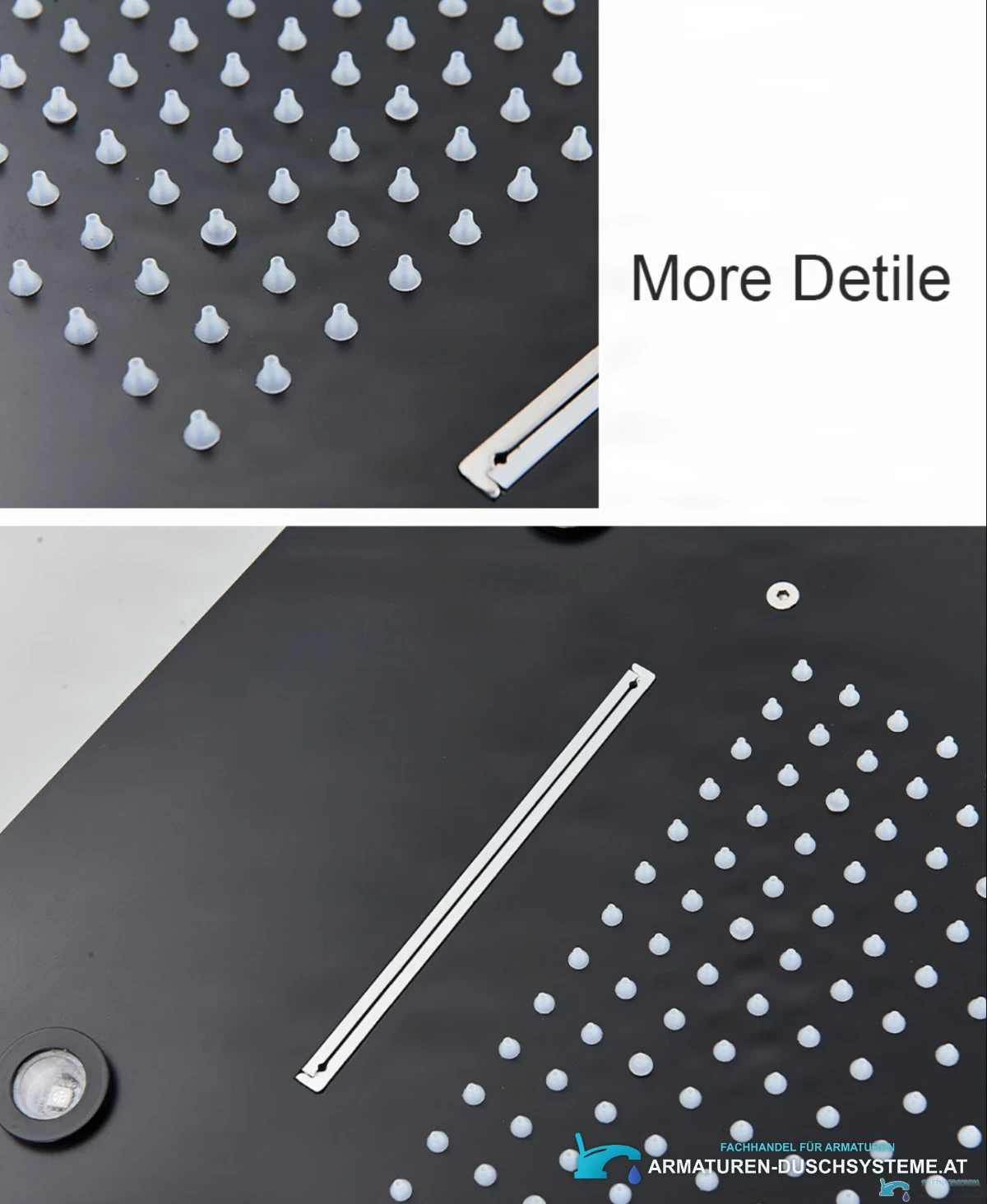Detail der Regendüsen und Wasserfallschlitze des LED-Duschsystems PT8899