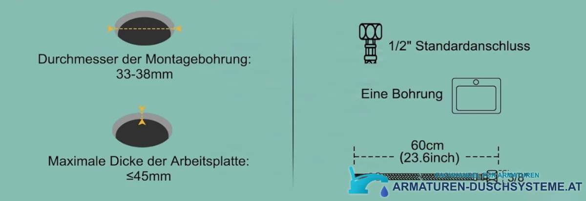Spezifikationen der Niederdruck-Küchenarmatur NTB2003: Bohrung 33–38 mm, Anschlüsse 1/2 und 3/8 Zoll