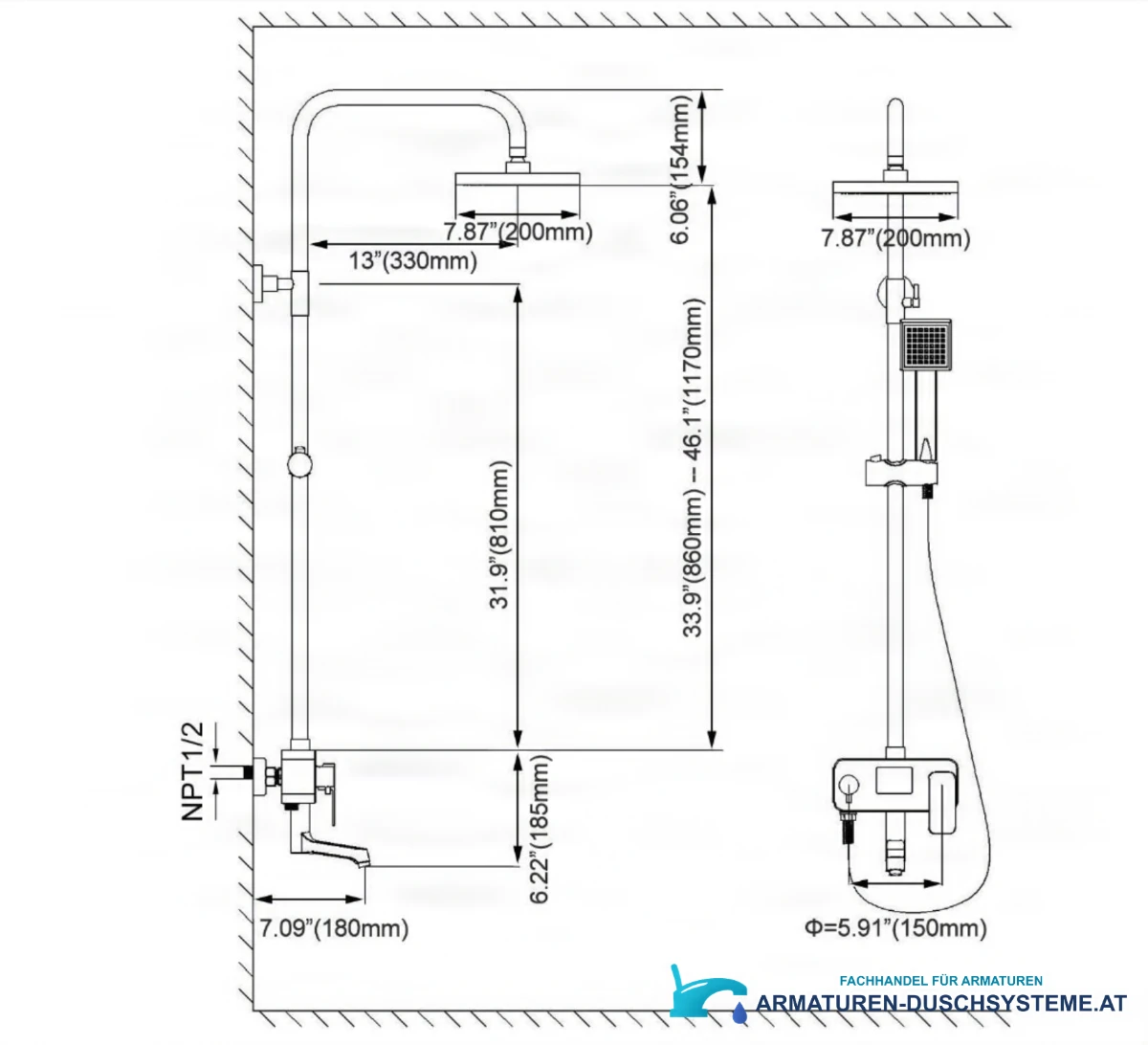 Technische Zeichnung des Duschpaneels EYN NTD0341 (860–1170 mm, Kopfbrause 200 mm, NPT 1/2)